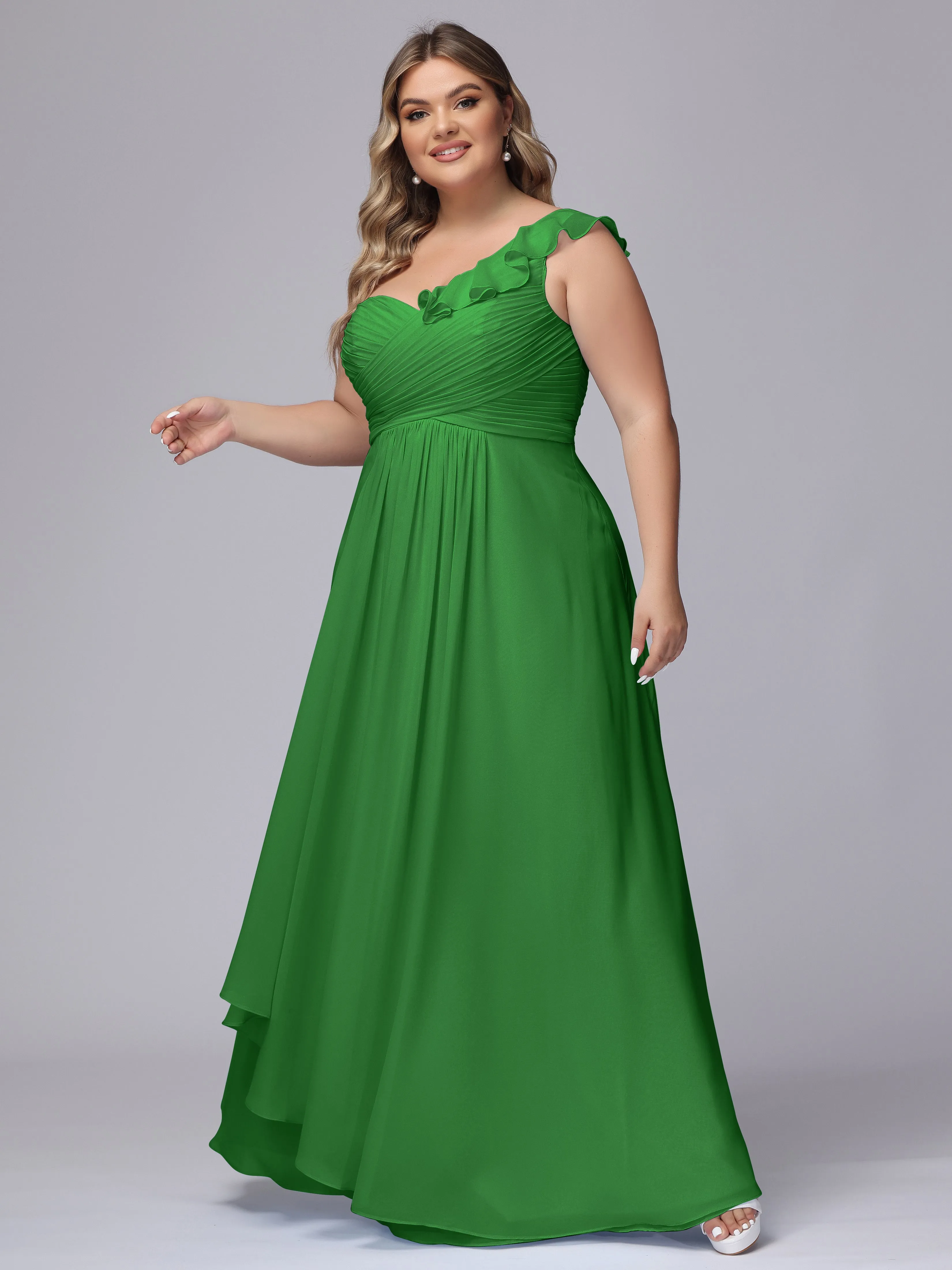 Flowy One-Shoulder Ruffles Chiffon Plus Size Bridesmaid Dresses