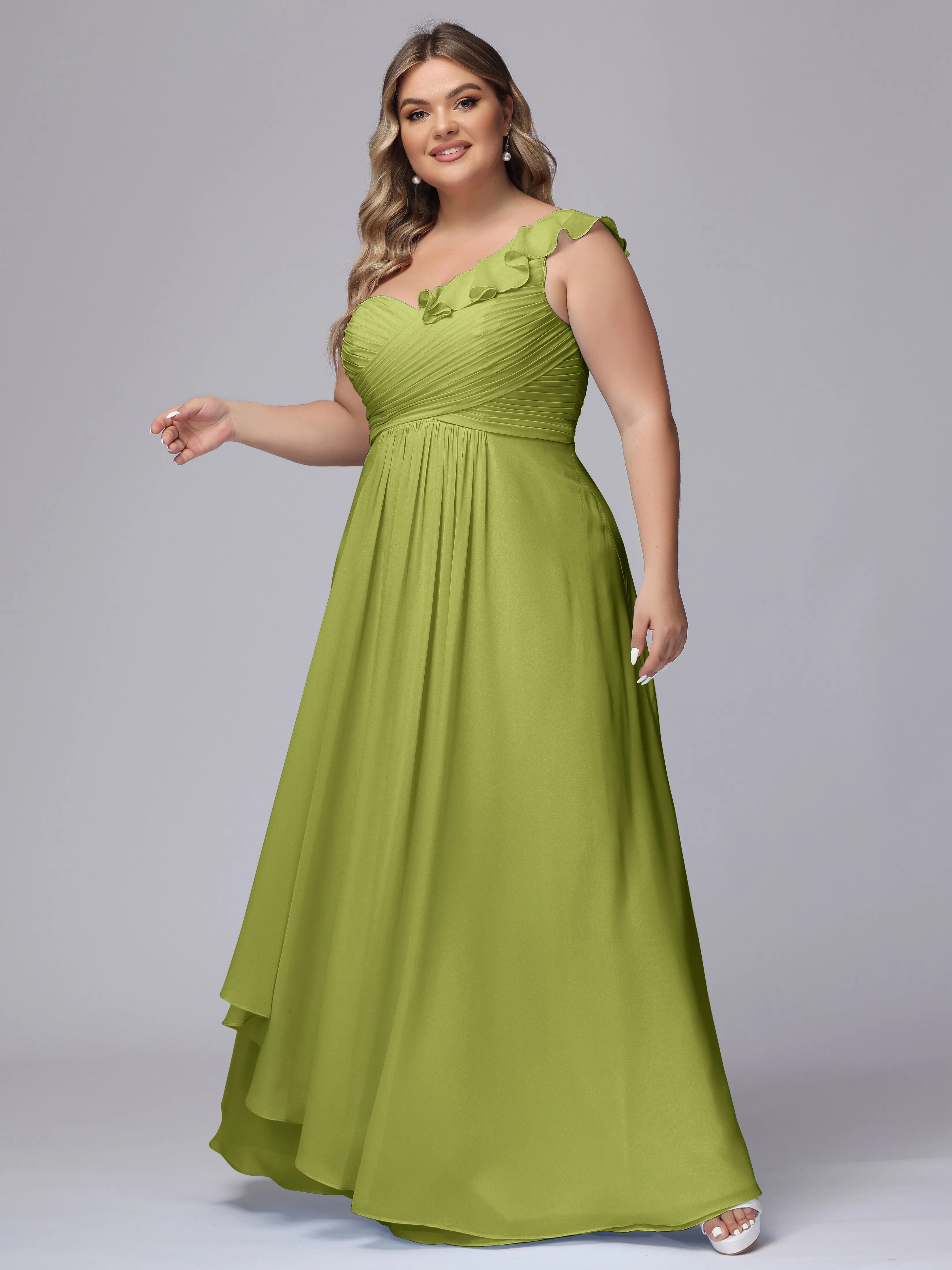 Flowy One-Shoulder Ruffles Chiffon Plus Size Bridesmaid Dresses