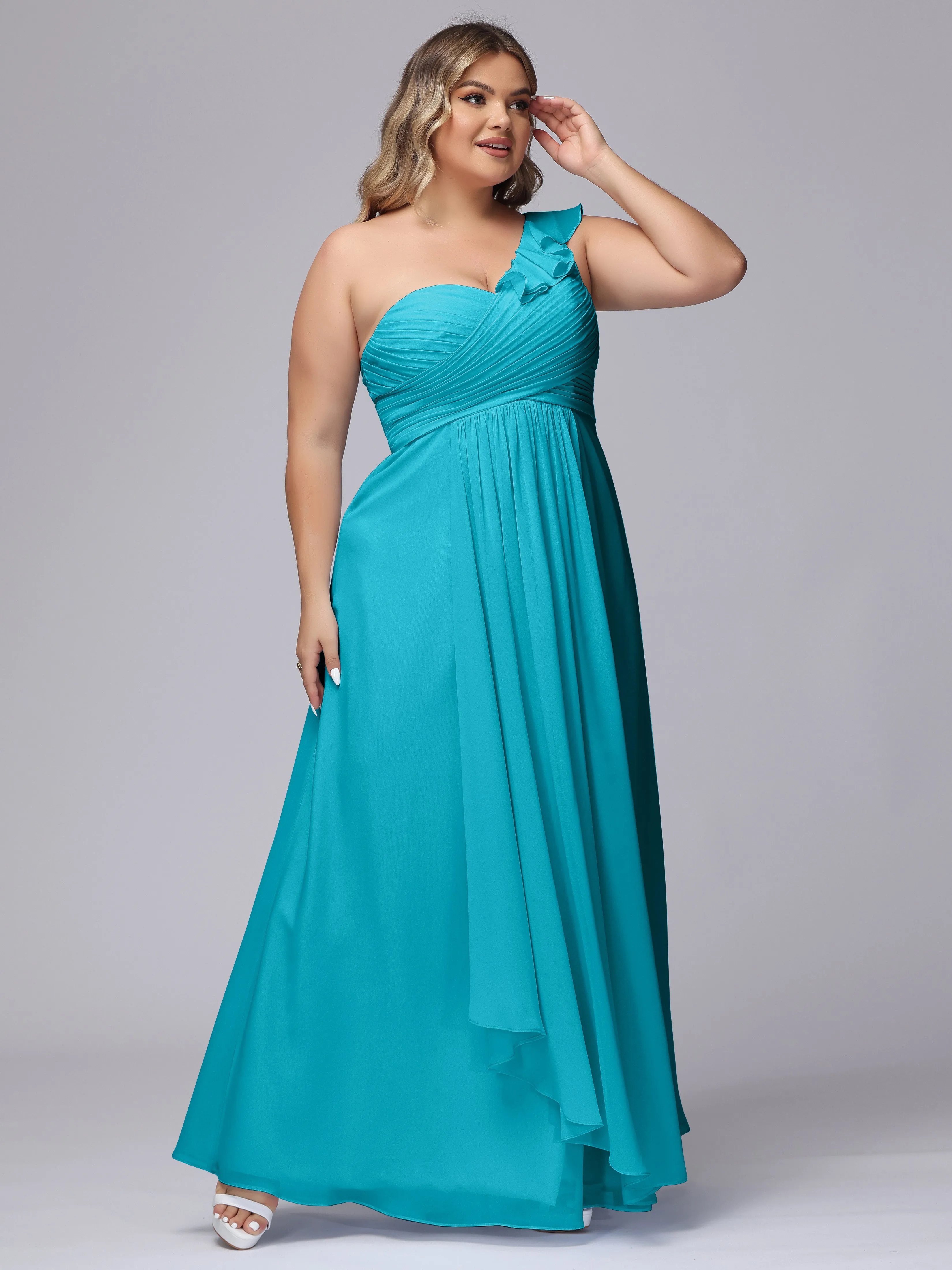 Flowy One-Shoulder Ruffles Chiffon Plus Size Bridesmaid Dresses