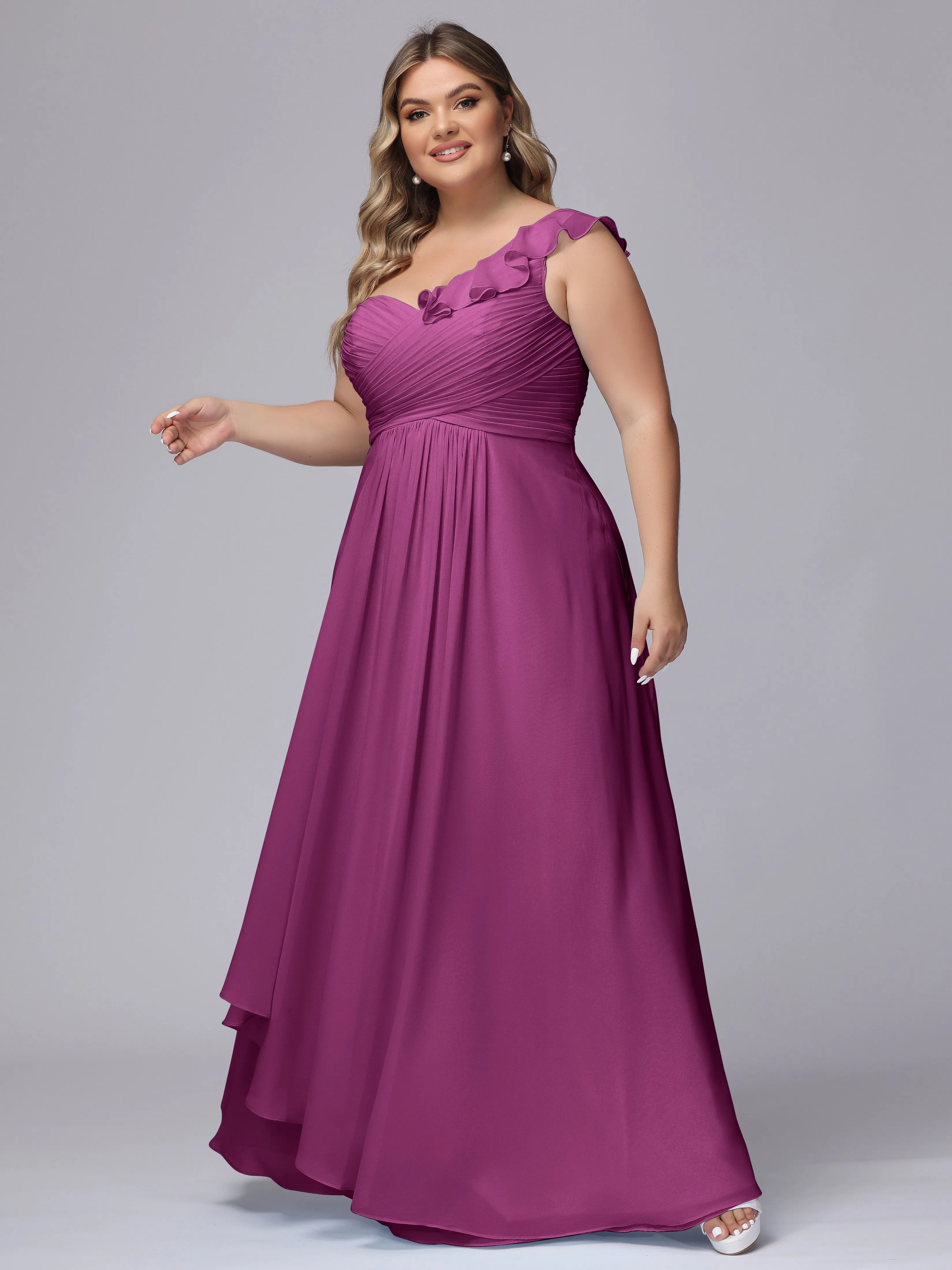 Flowy One-Shoulder Ruffles Chiffon Plus Size Bridesmaid Dresses