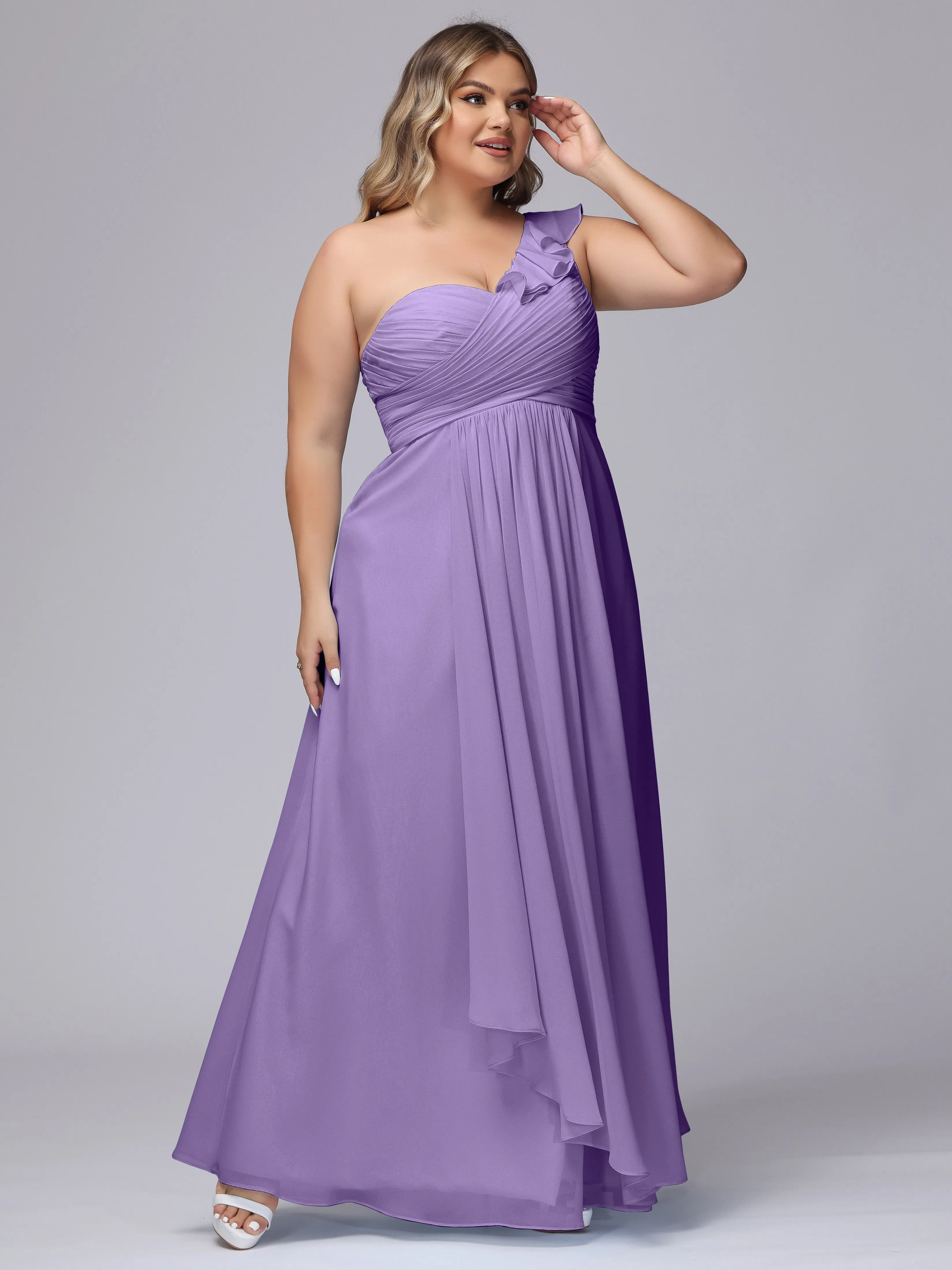 Flowy One-Shoulder Ruffles Chiffon Plus Size Bridesmaid Dresses