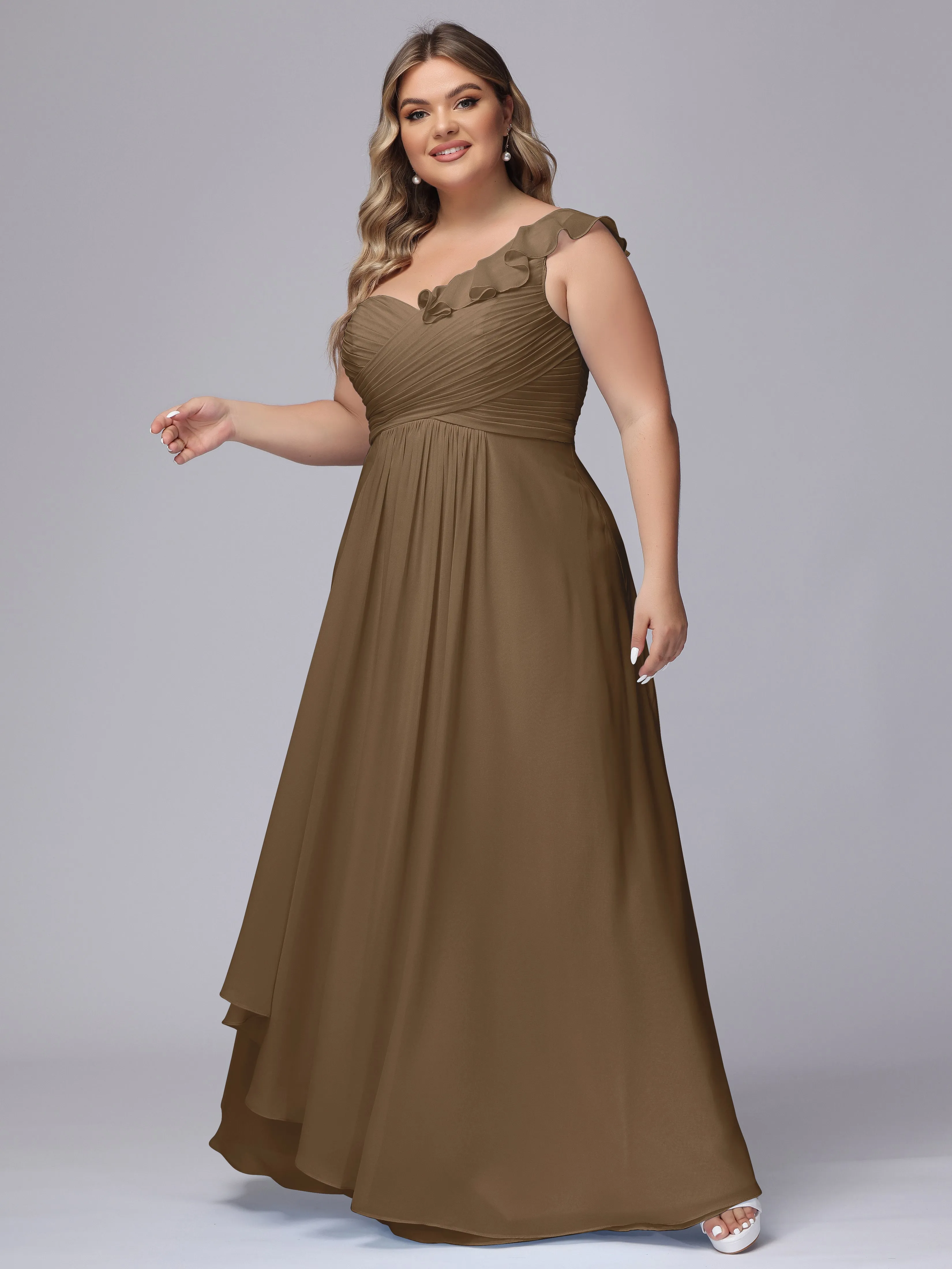 Flowy One-Shoulder Ruffles Chiffon Plus Size Bridesmaid Dresses