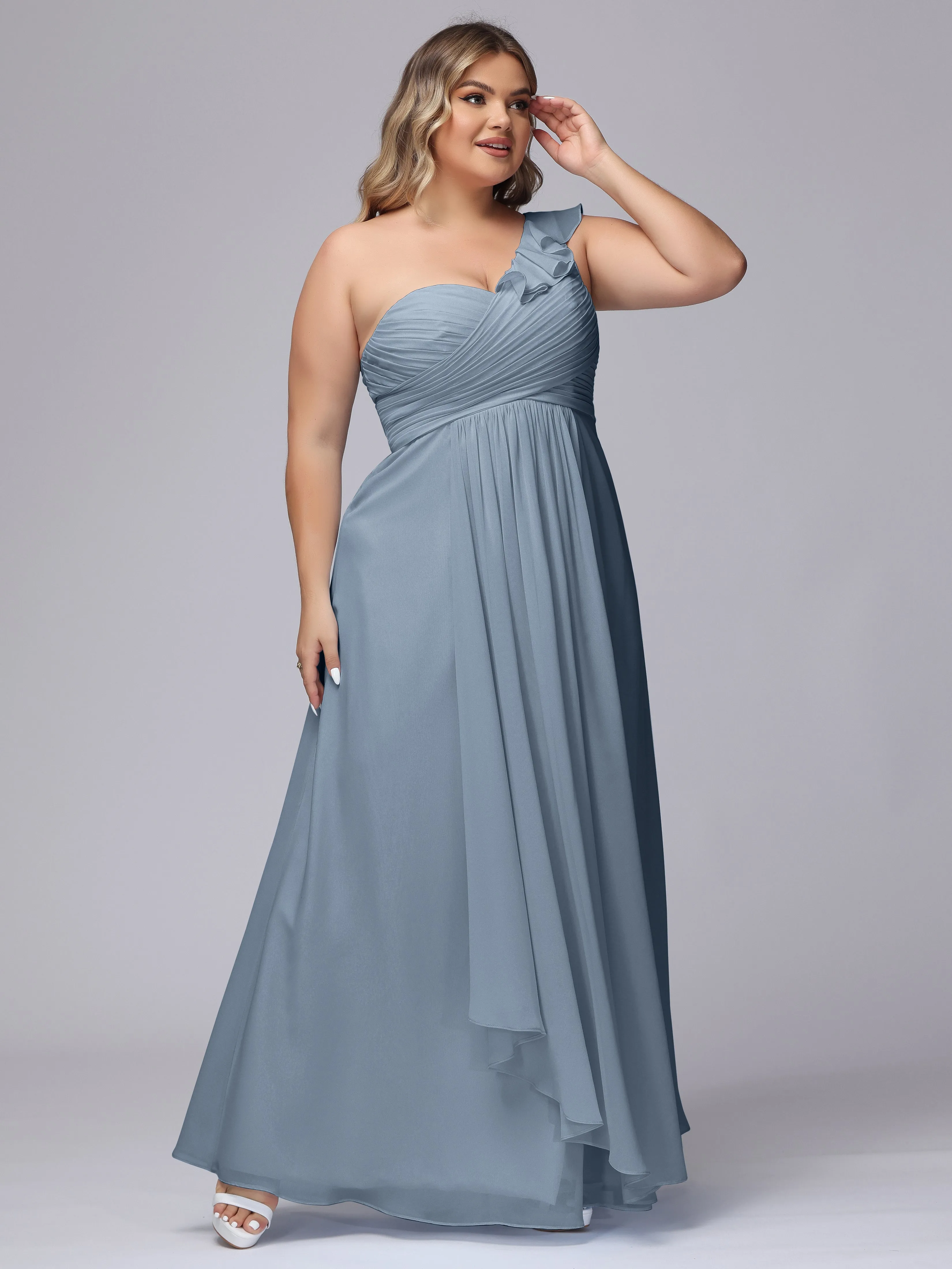 Flowy One-Shoulder Ruffles Chiffon Plus Size Bridesmaid Dresses