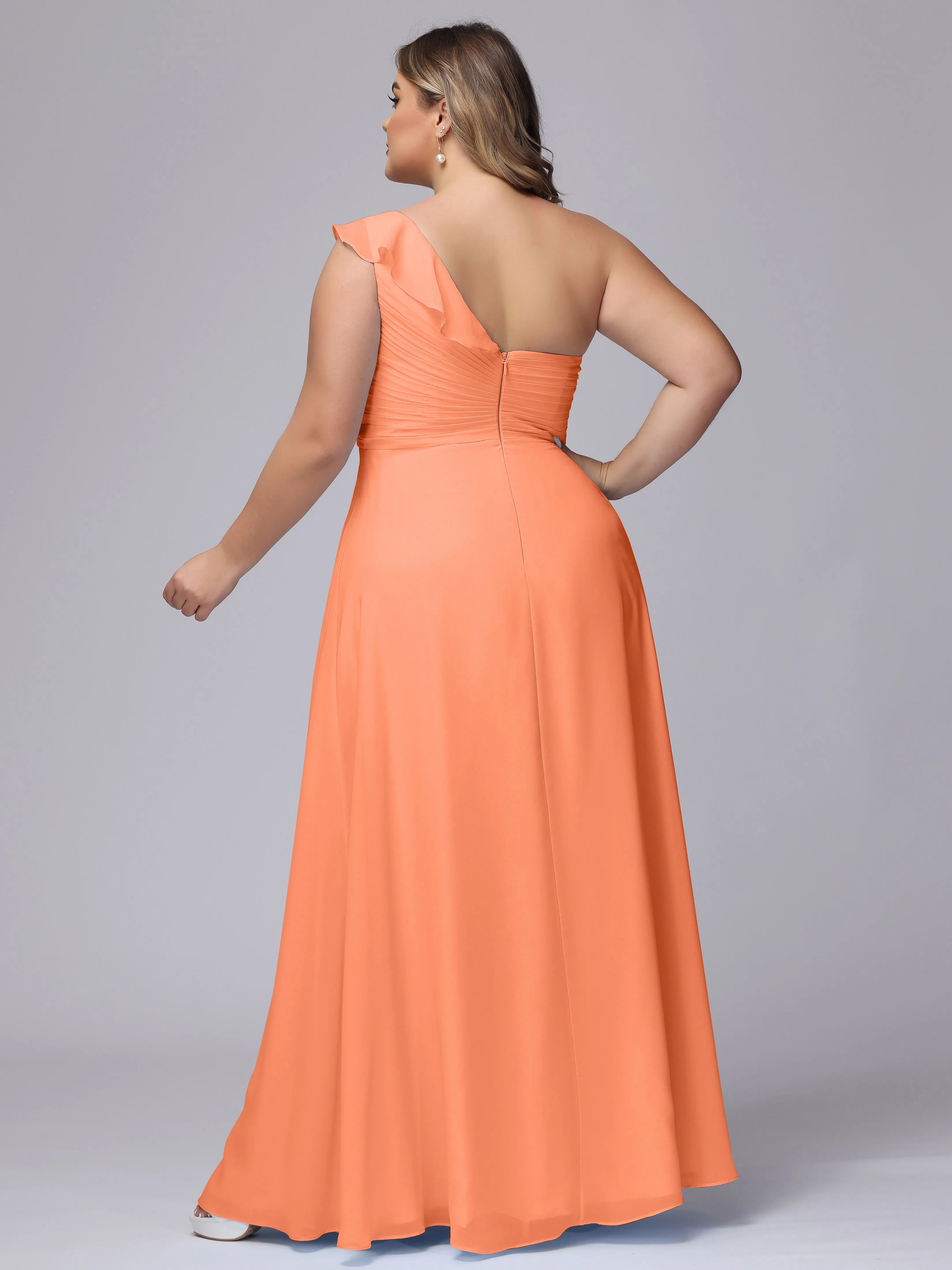 Flowy One-Shoulder Ruffles Chiffon Plus Size Bridesmaid Dresses