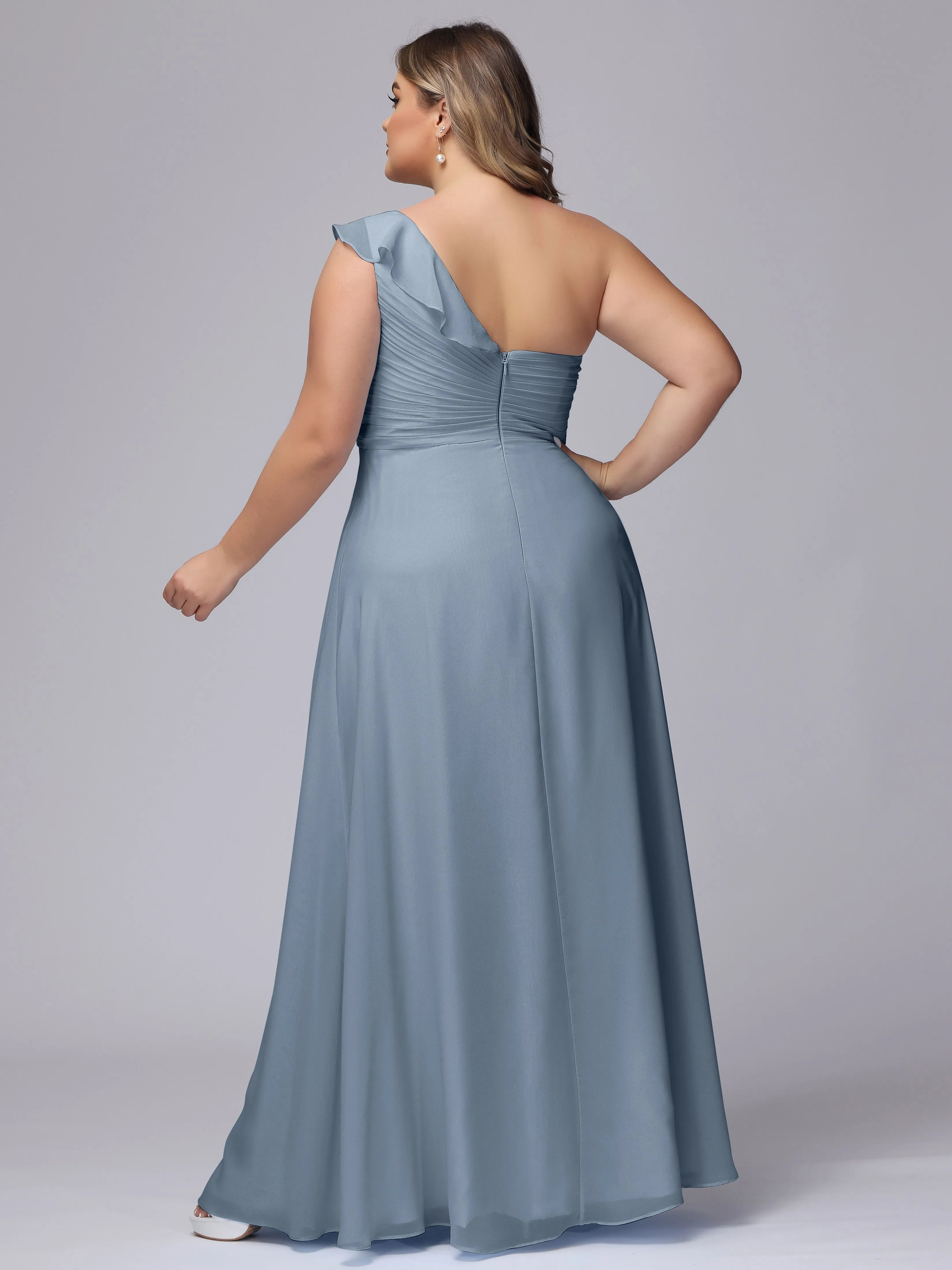 Flowy One-Shoulder Ruffles Chiffon Plus Size Bridesmaid Dresses