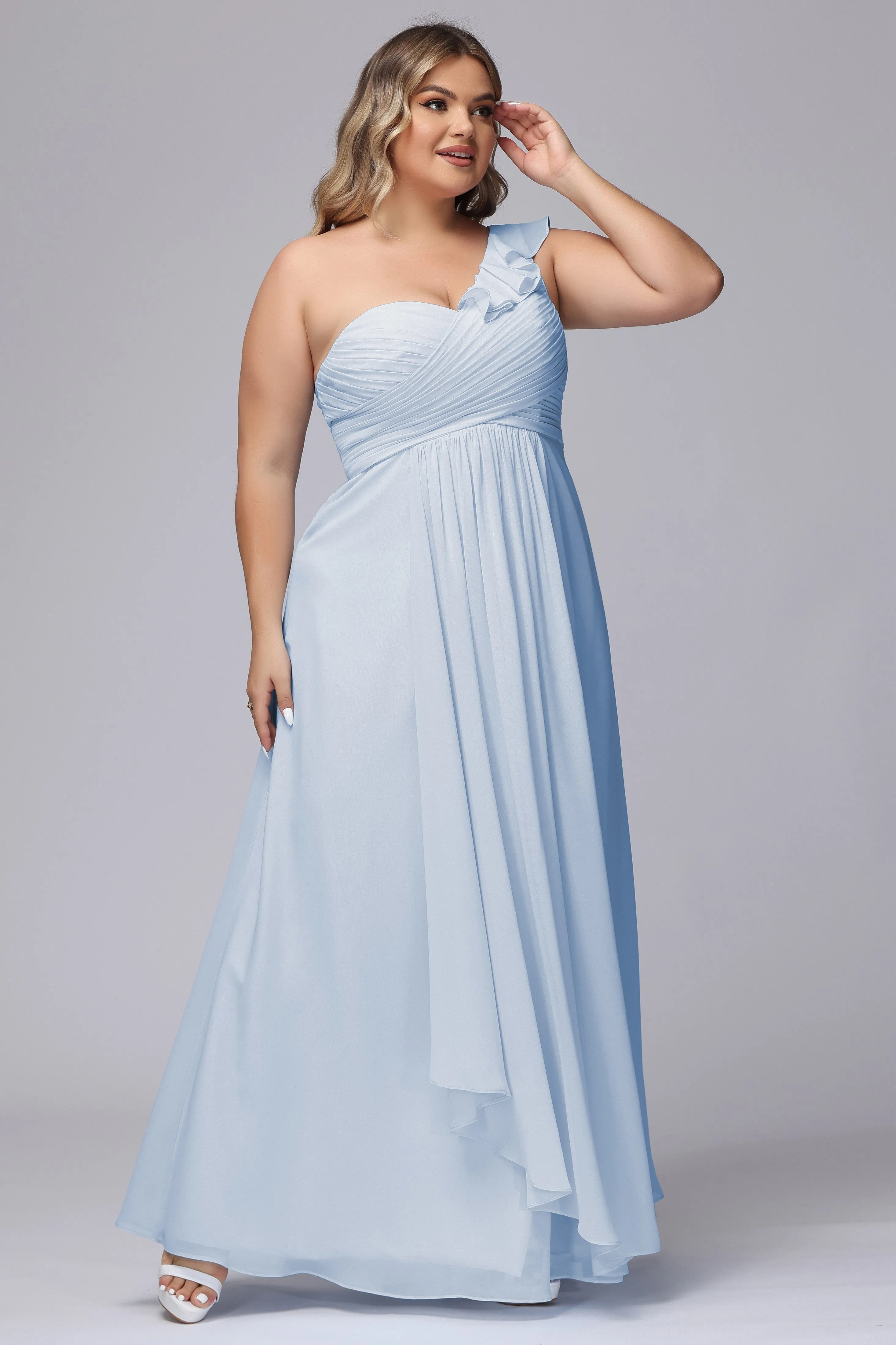 Flowy One-Shoulder Ruffles Chiffon Plus Size Bridesmaid Dresses