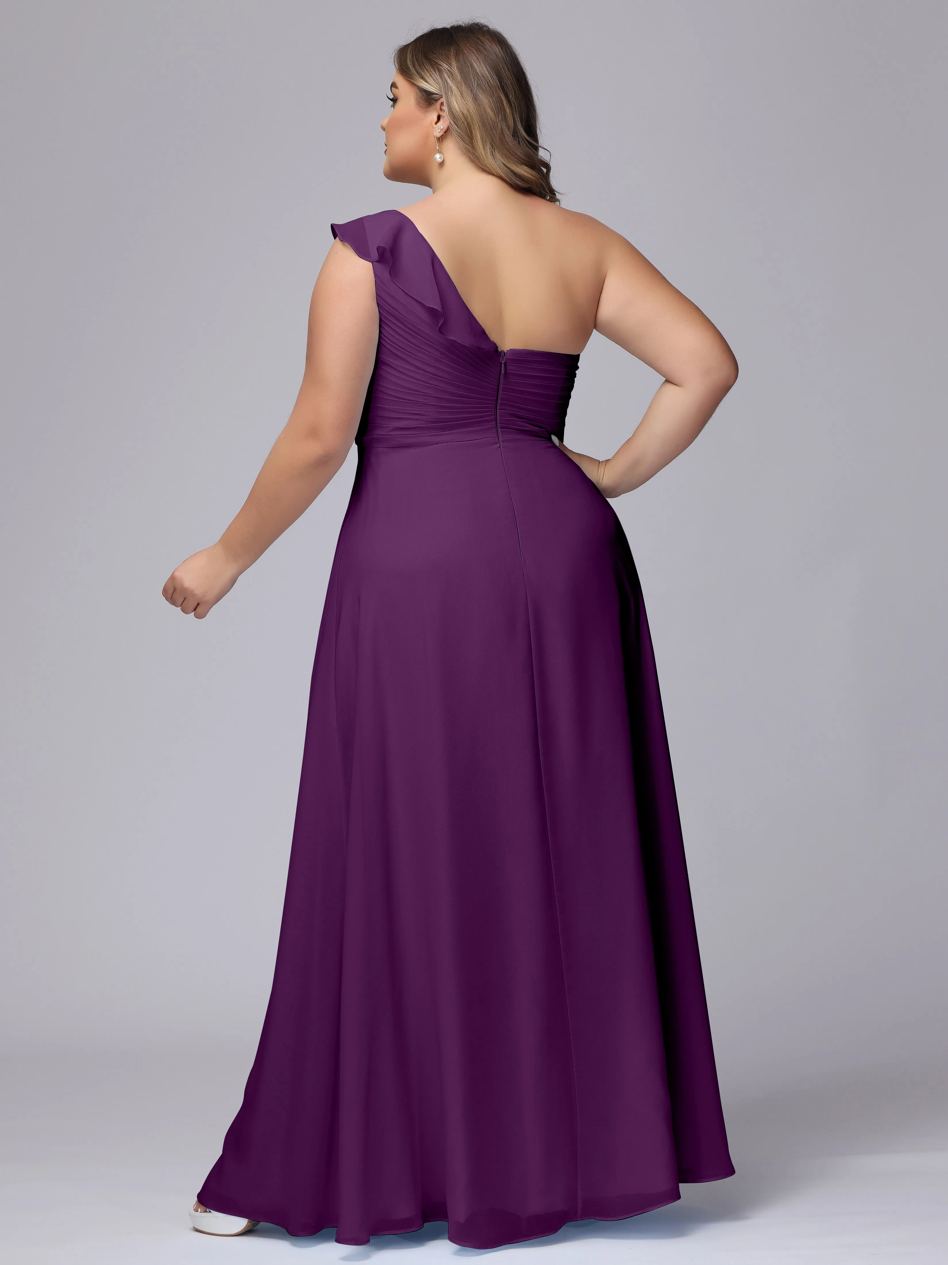 Flowy One-Shoulder Ruffles Chiffon Plus Size Bridesmaid Dresses