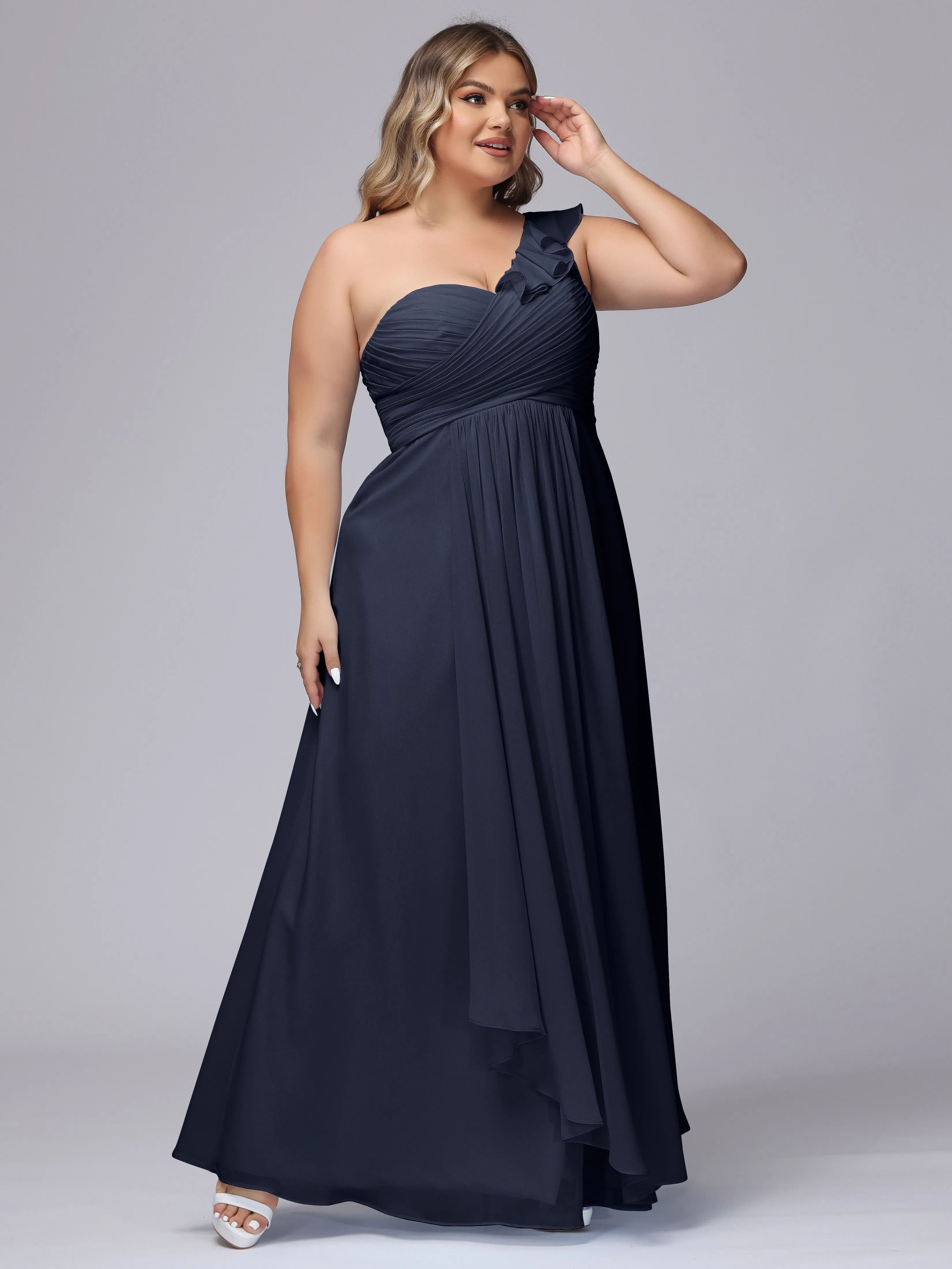 Flowy One-Shoulder Ruffles Chiffon Plus Size Bridesmaid Dresses