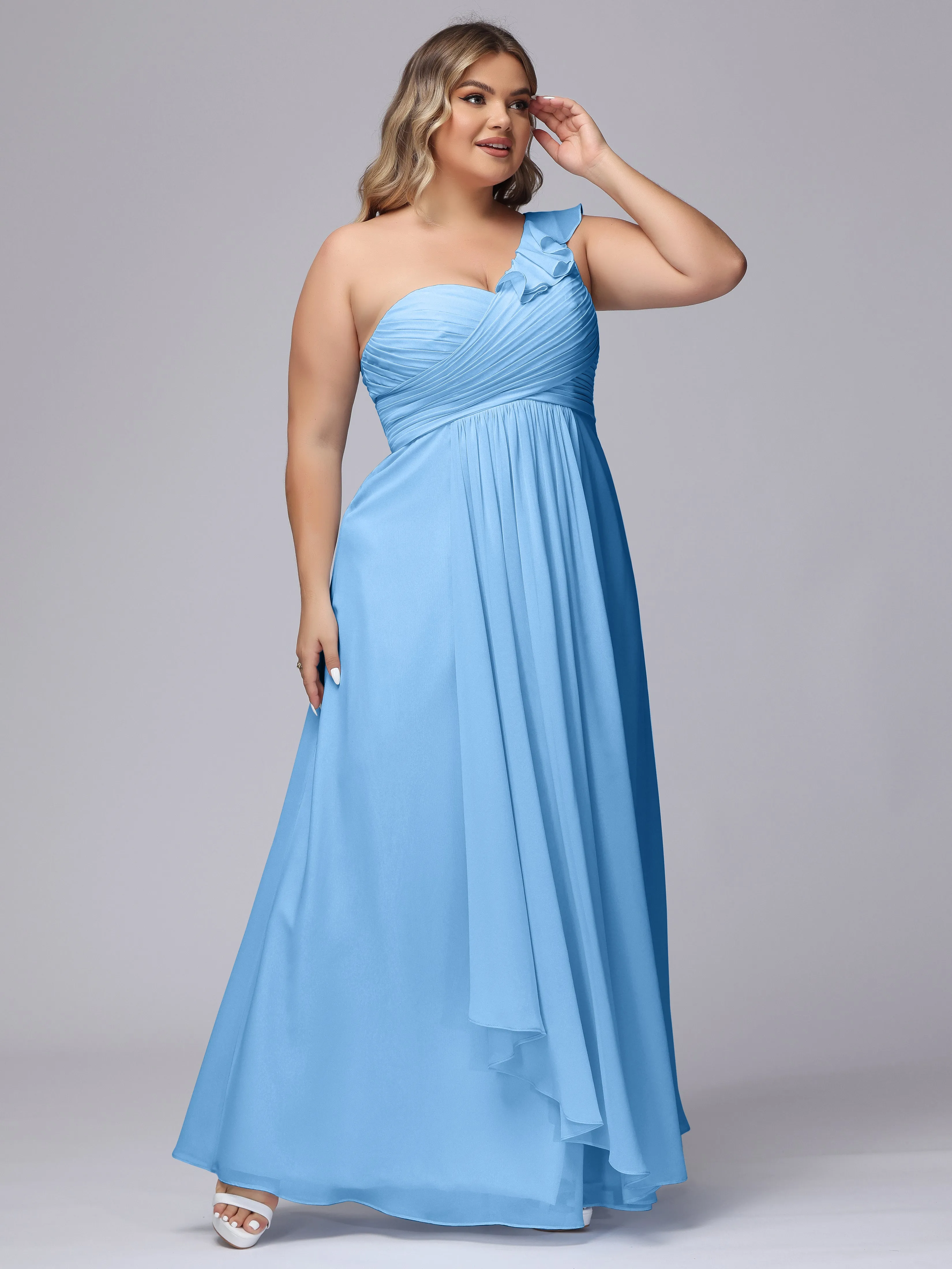 Flowy One-Shoulder Ruffles Chiffon Plus Size Bridesmaid Dresses