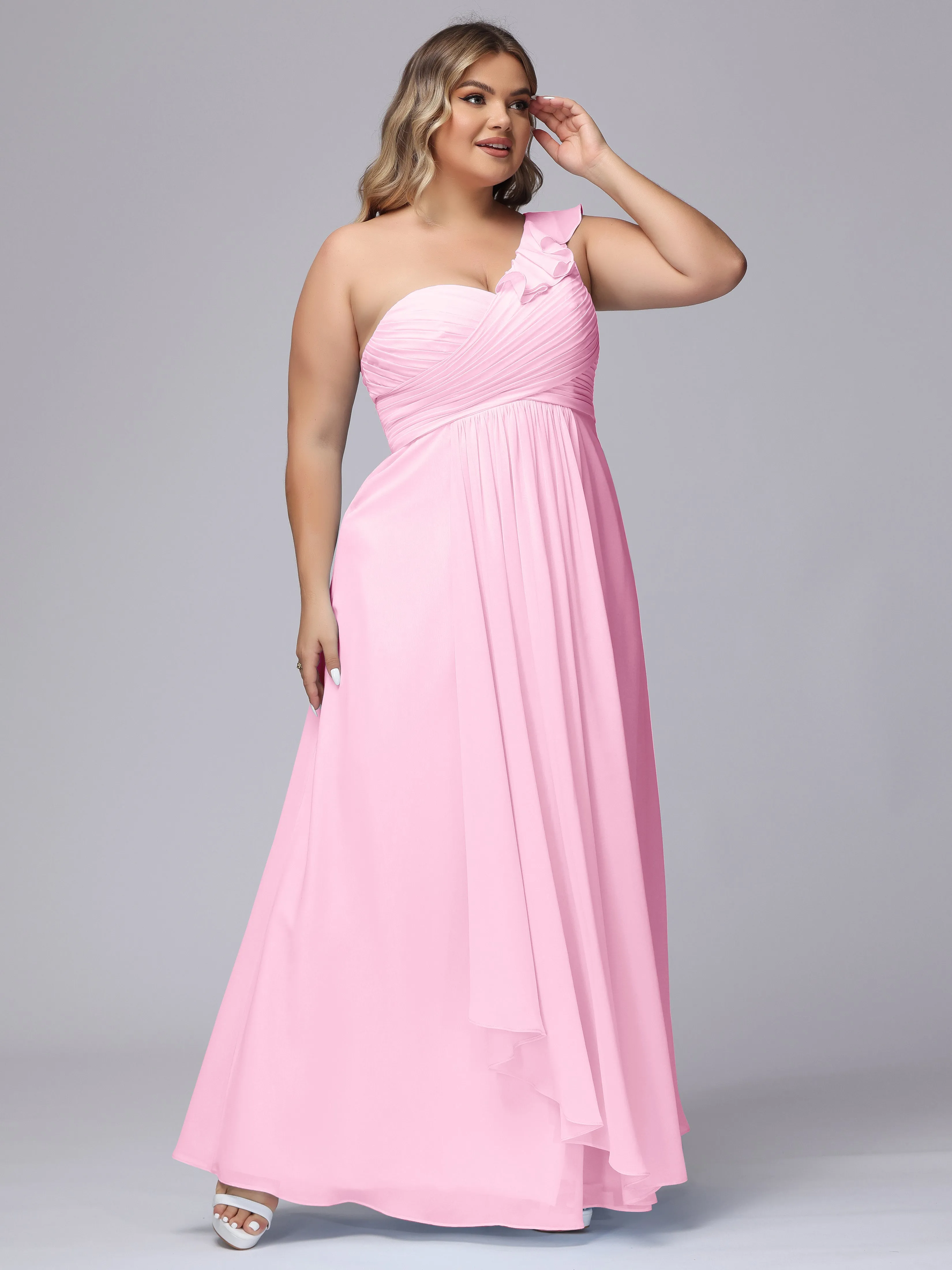 Flowy One-Shoulder Ruffles Chiffon Plus Size Bridesmaid Dresses