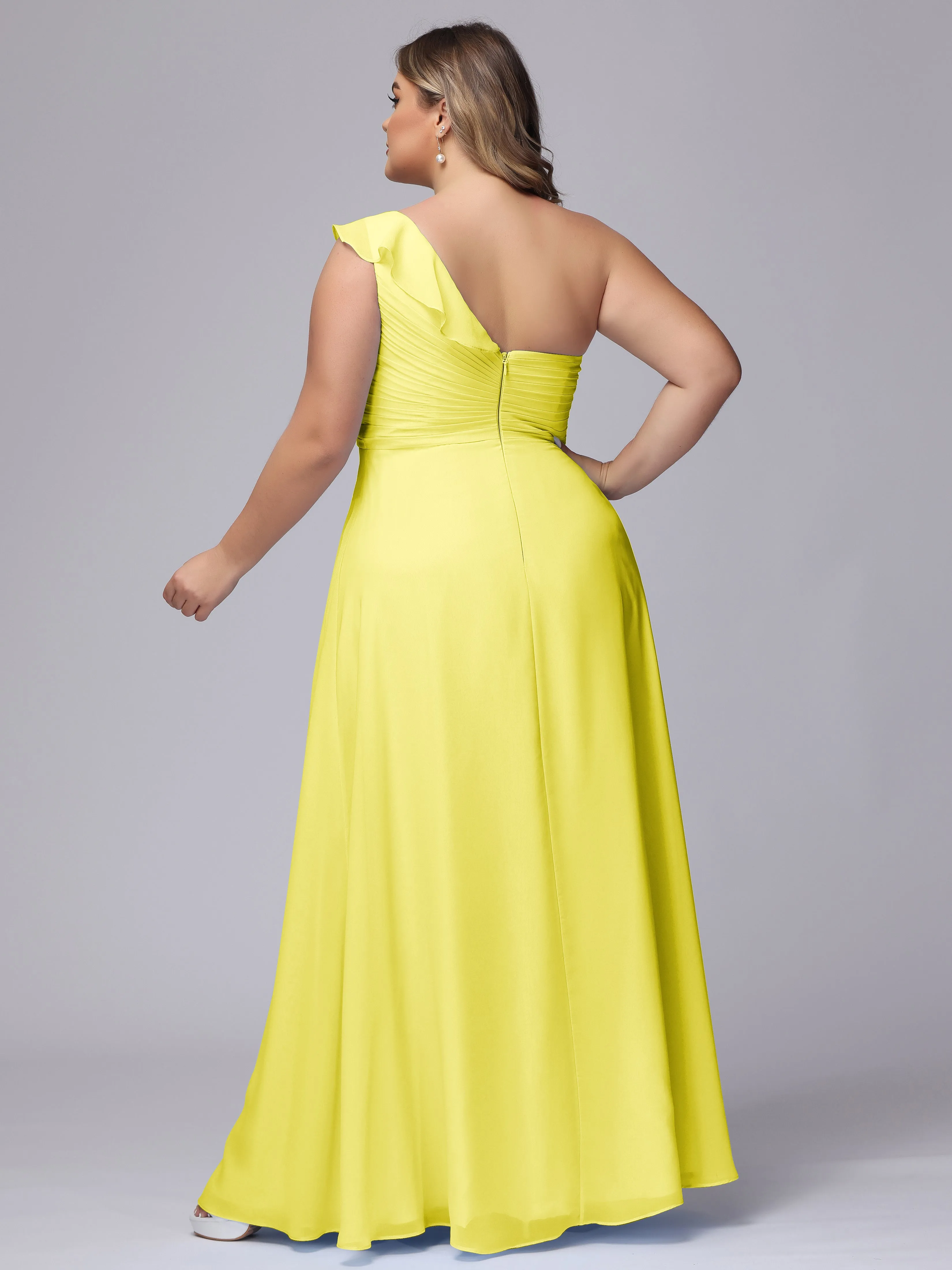 Flowy One-Shoulder Ruffles Chiffon Plus Size Bridesmaid Dresses