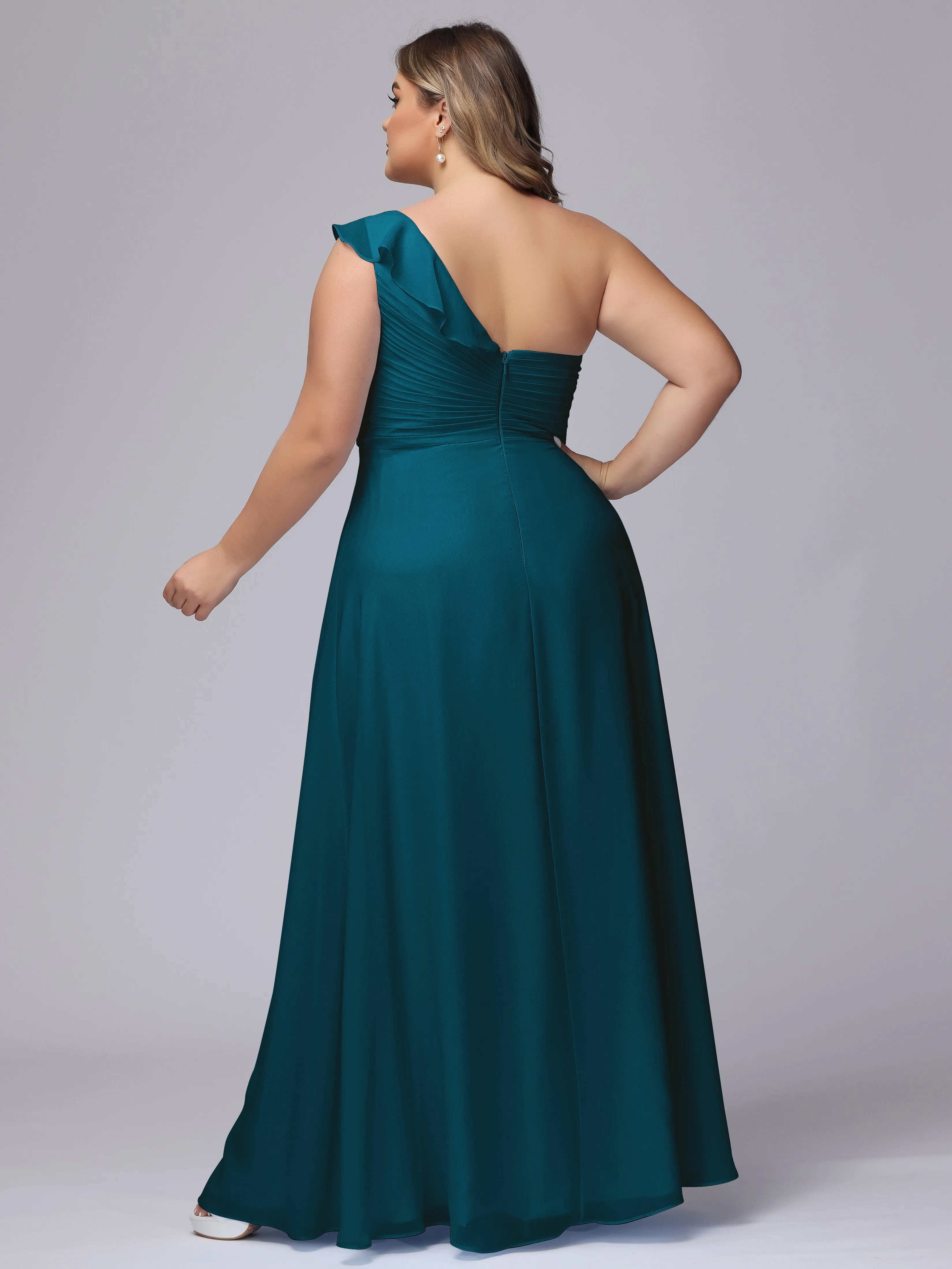 Flowy One-Shoulder Ruffles Chiffon Plus Size Bridesmaid Dresses