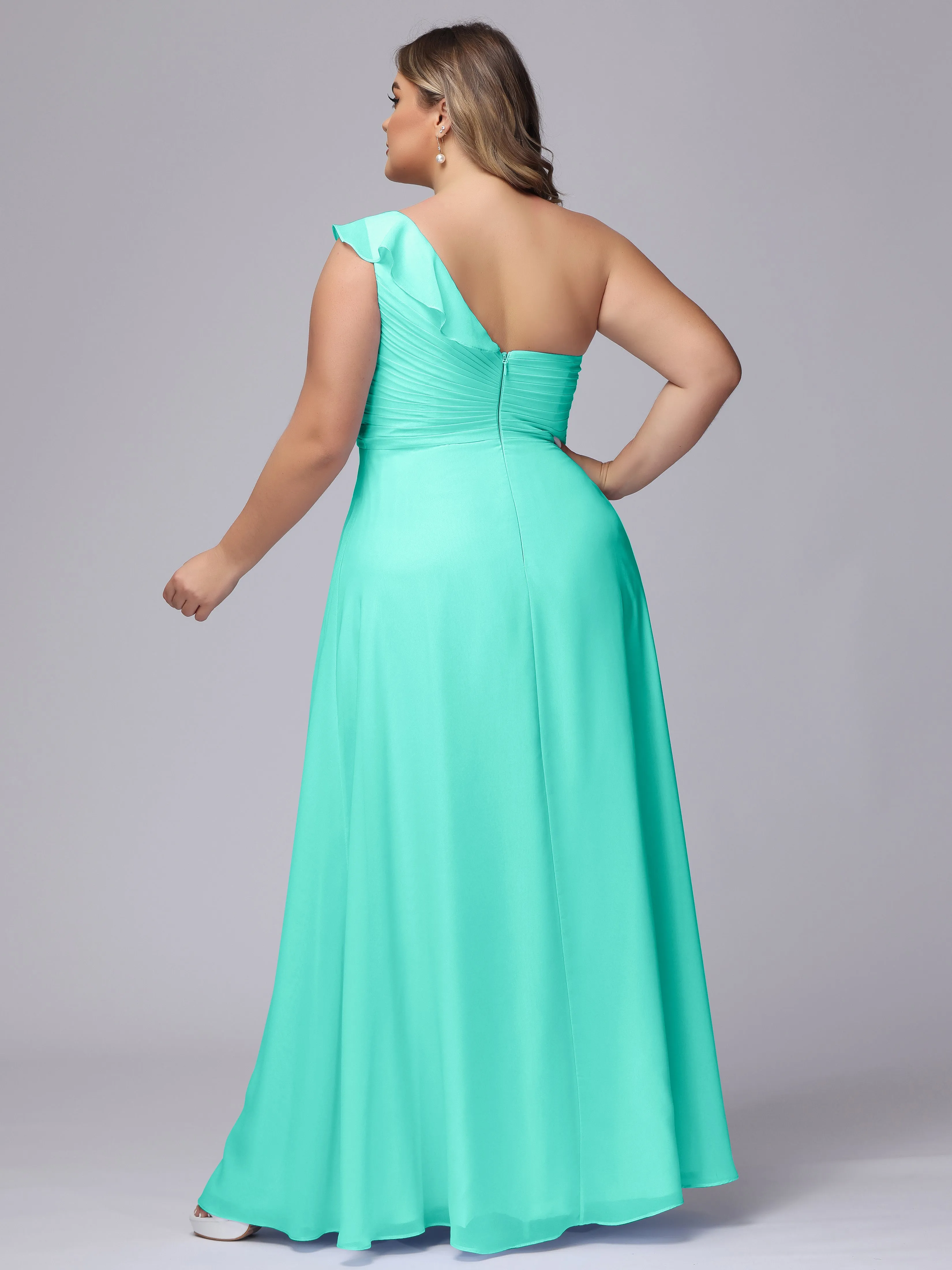 Flowy One-Shoulder Ruffles Chiffon Plus Size Bridesmaid Dresses