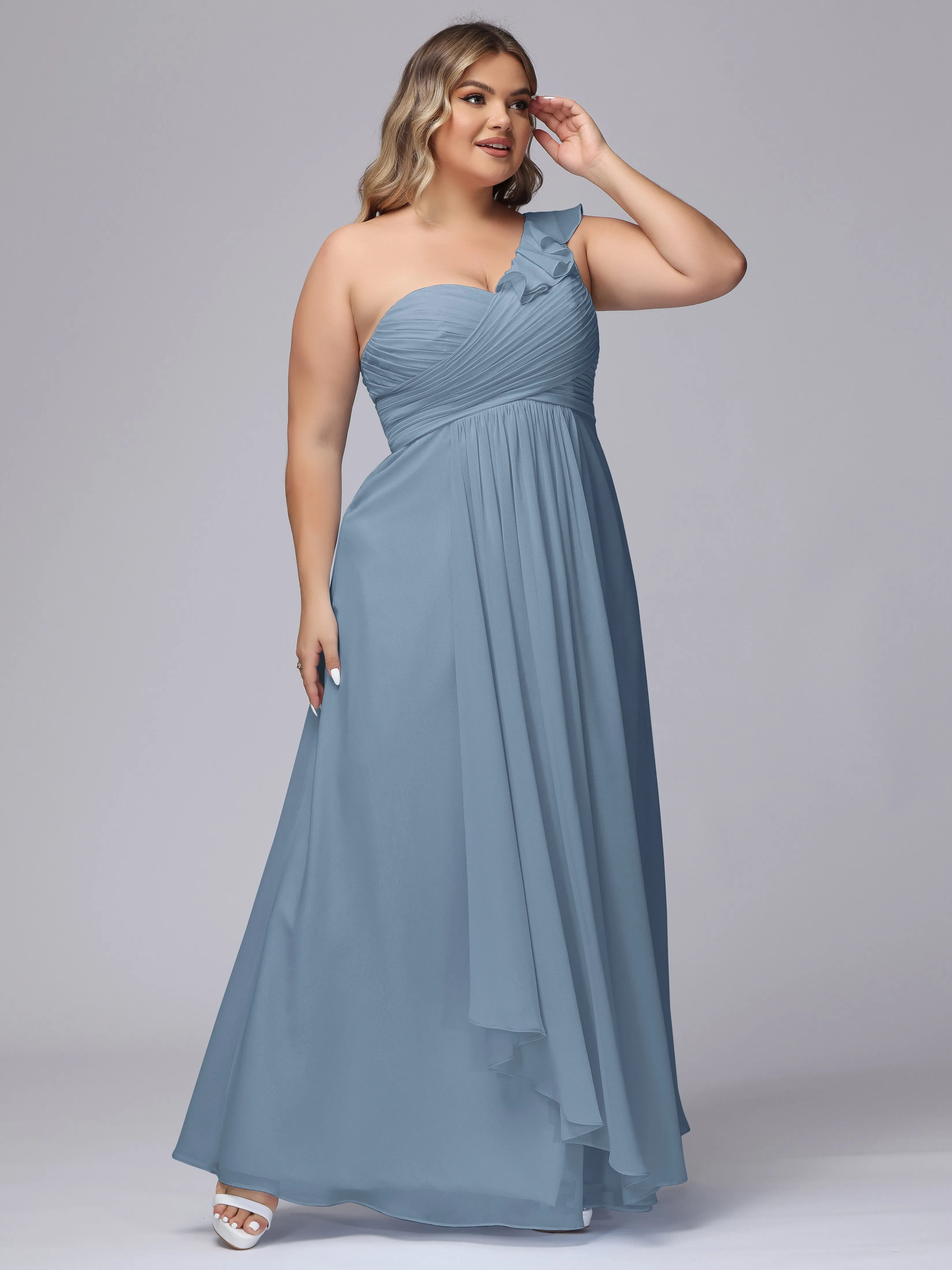 Flowy One-Shoulder Ruffles Chiffon Plus Size Bridesmaid Dresses