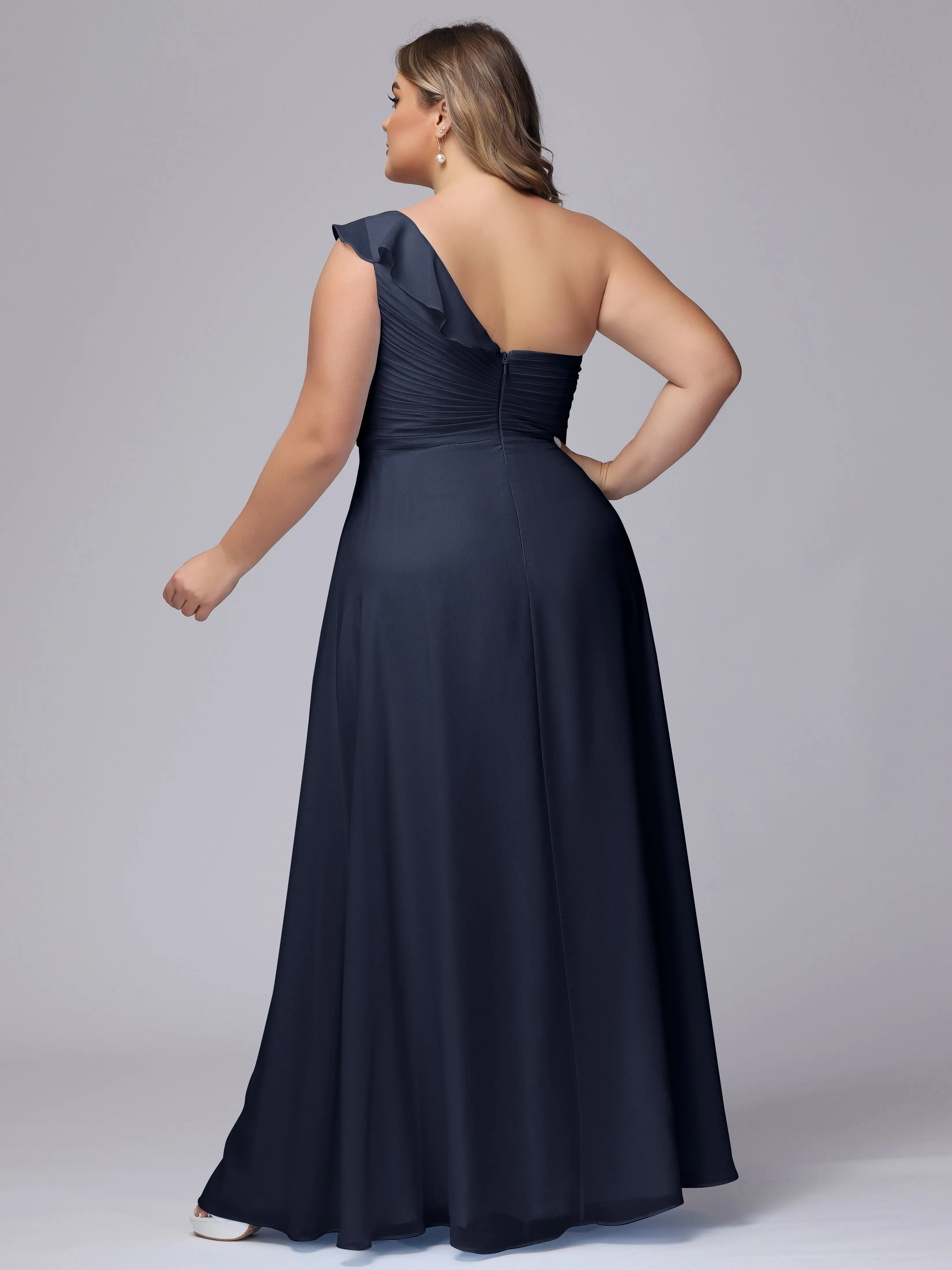 Flowy One-Shoulder Ruffles Chiffon Plus Size Bridesmaid Dresses