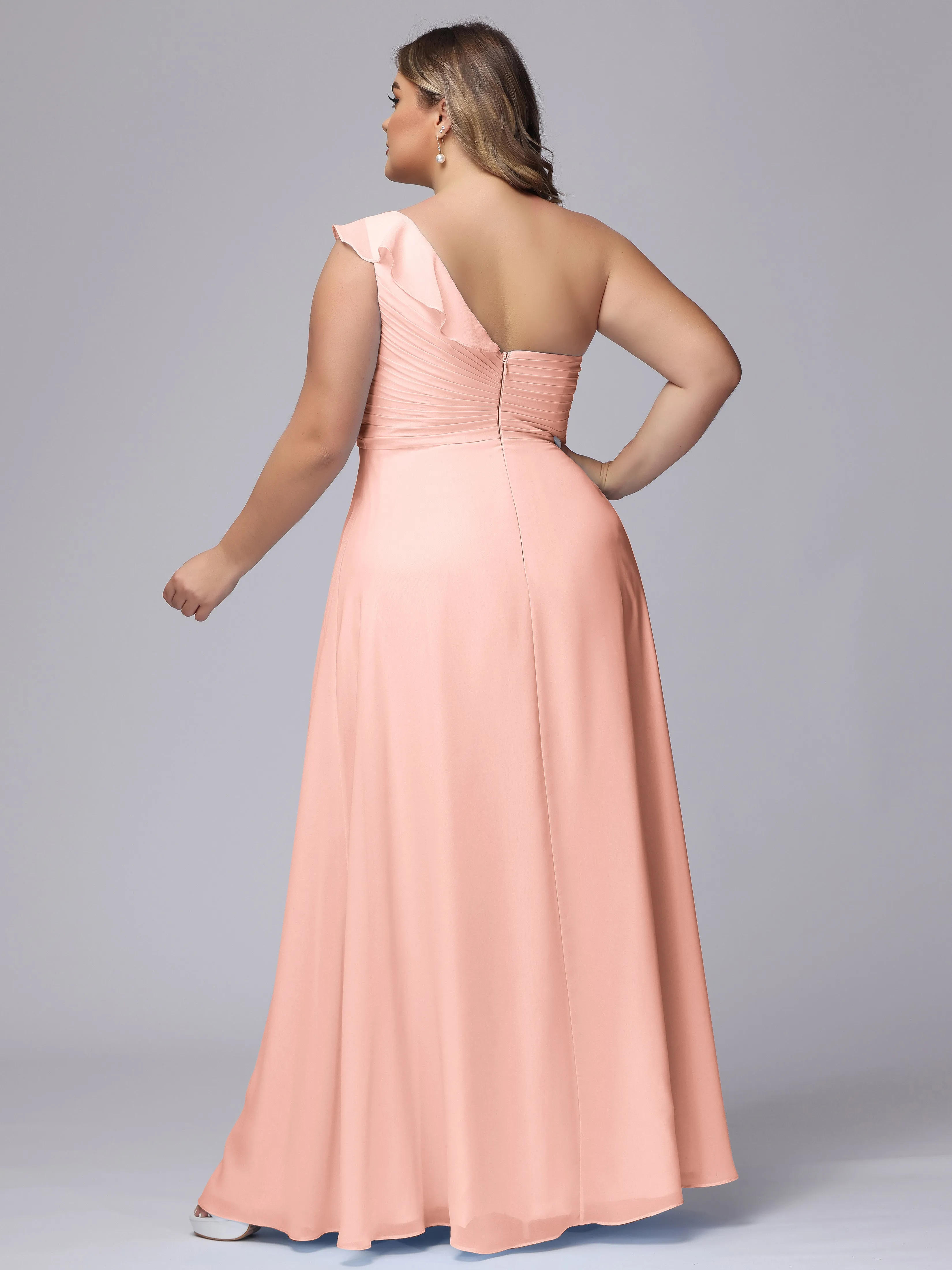 Flowy One-Shoulder Ruffles Chiffon Plus Size Bridesmaid Dresses