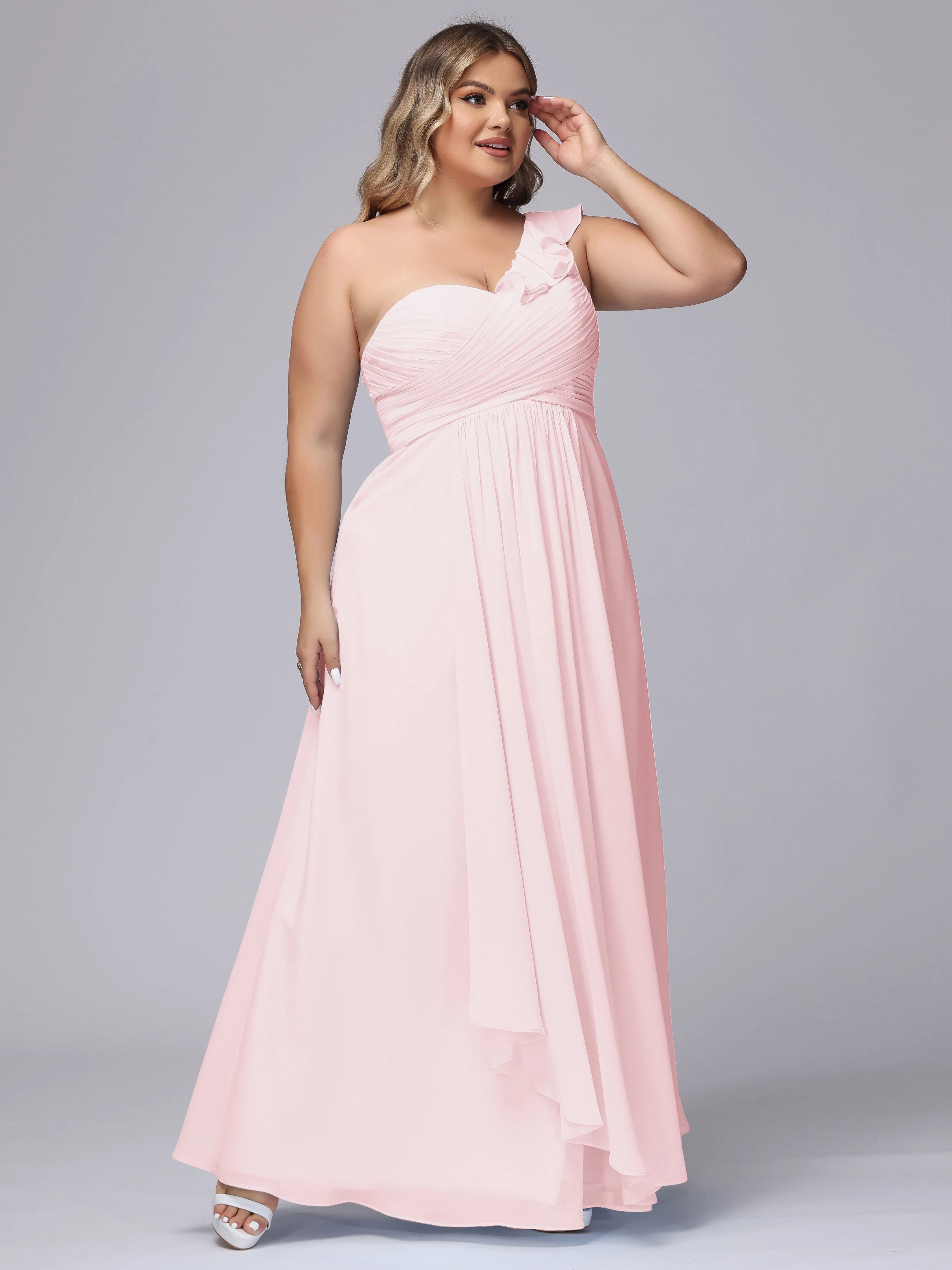 Flowy One-Shoulder Ruffles Chiffon Plus Size Bridesmaid Dresses