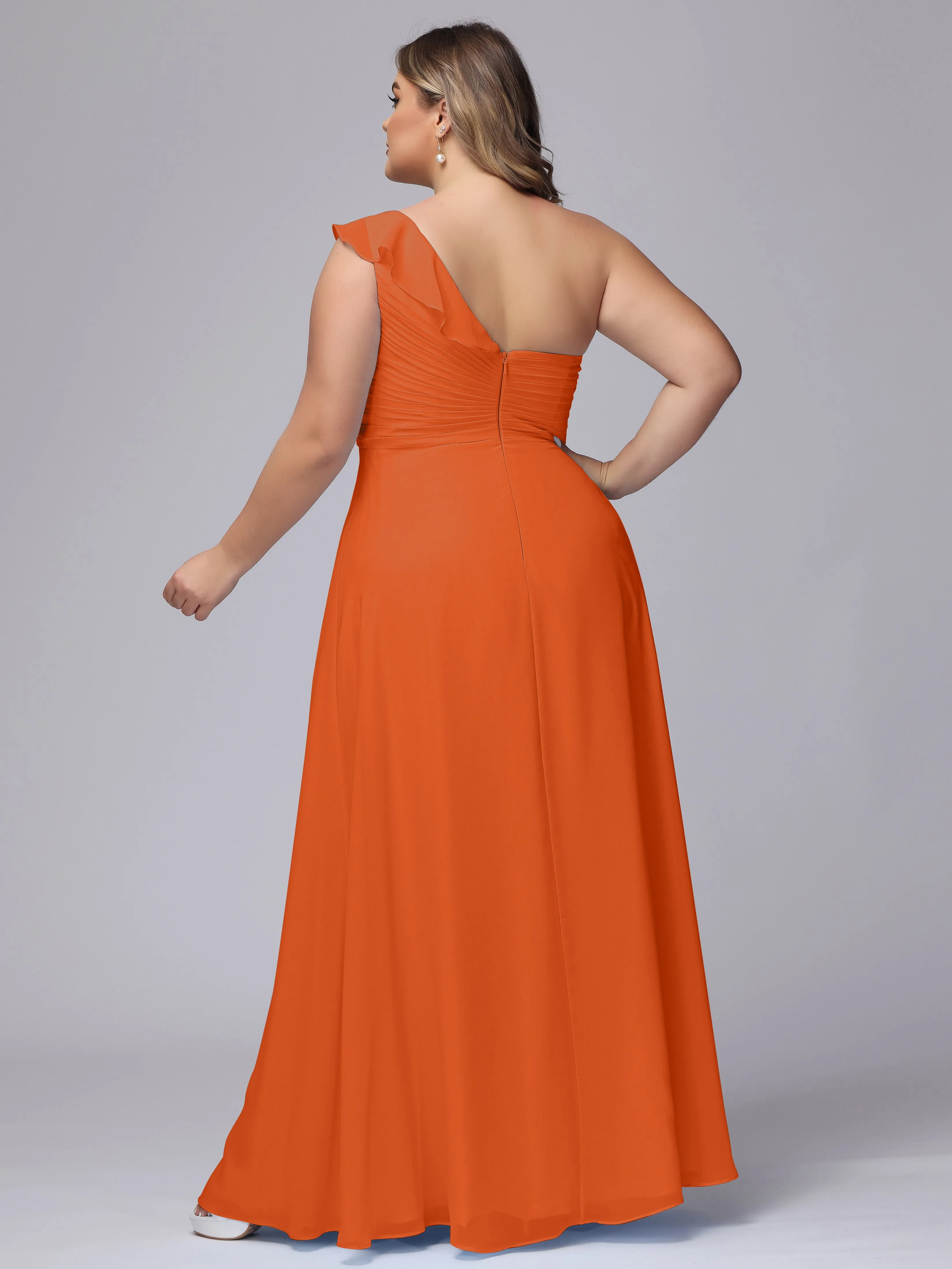 Flowy One-Shoulder Ruffles Chiffon Plus Size Bridesmaid Dresses