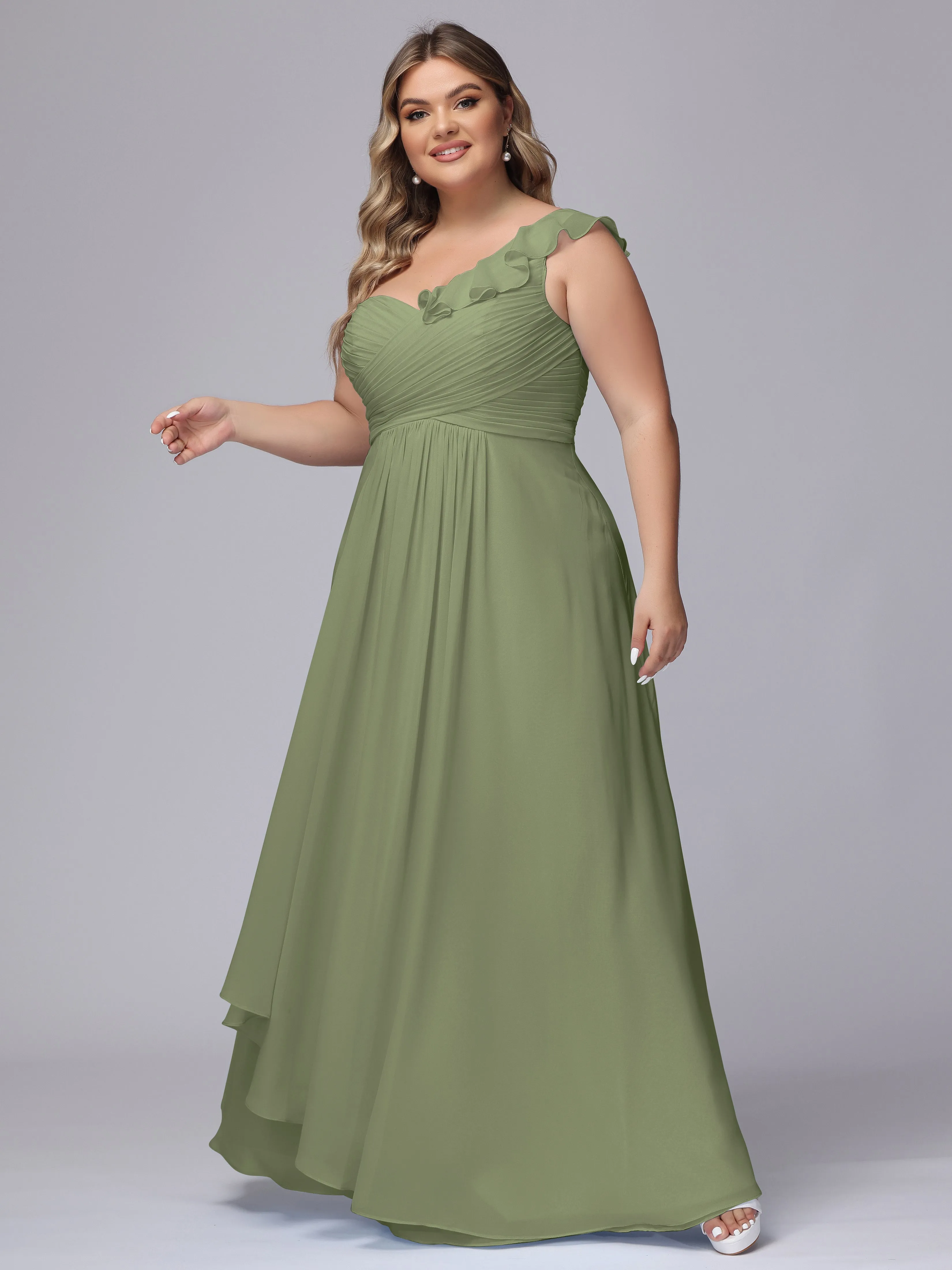 Flowy One-Shoulder Ruffles Chiffon Plus Size Bridesmaid Dresses