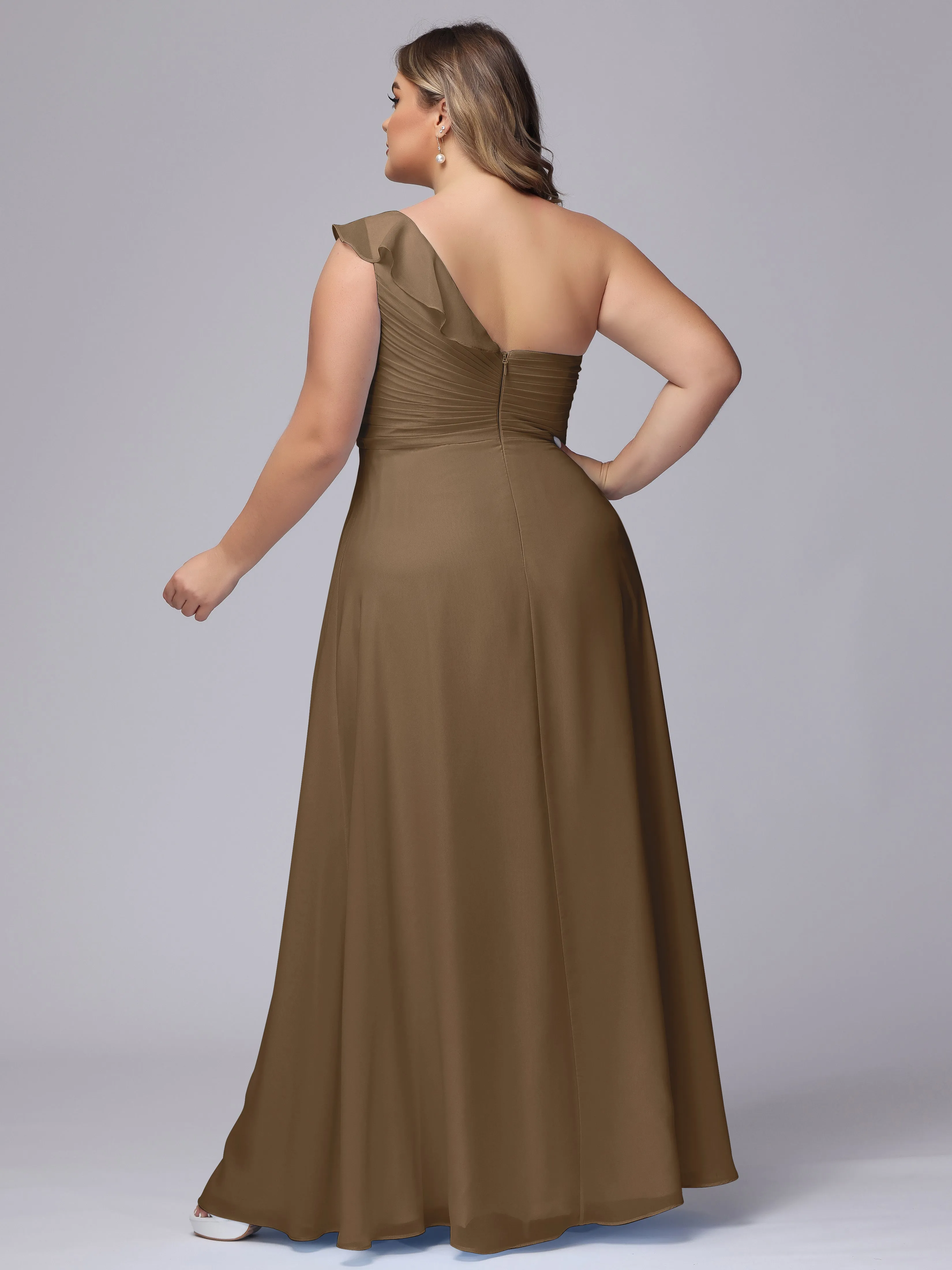 Flowy One-Shoulder Ruffles Chiffon Plus Size Bridesmaid Dresses