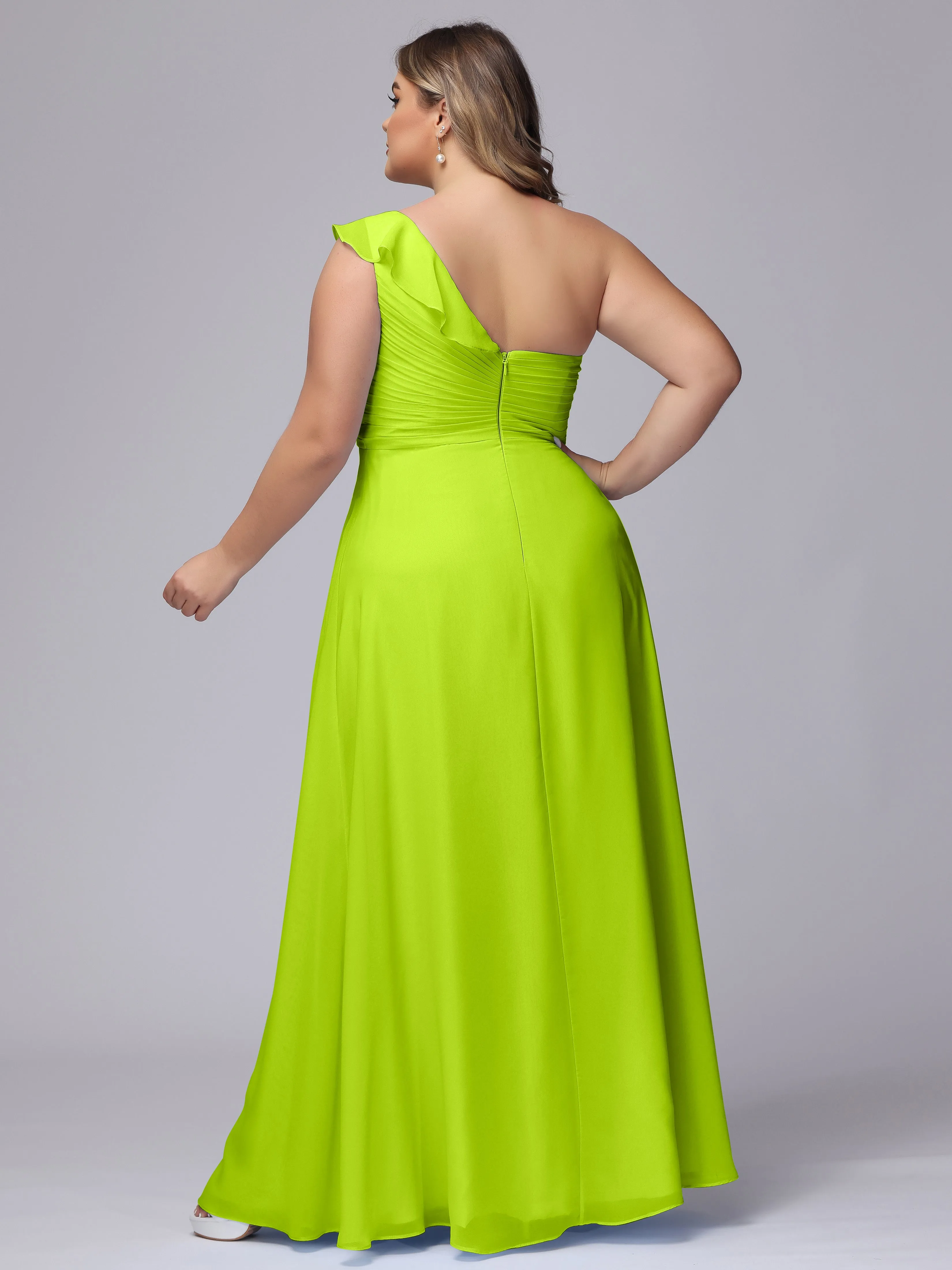 Flowy One-Shoulder Ruffles Chiffon Plus Size Bridesmaid Dresses