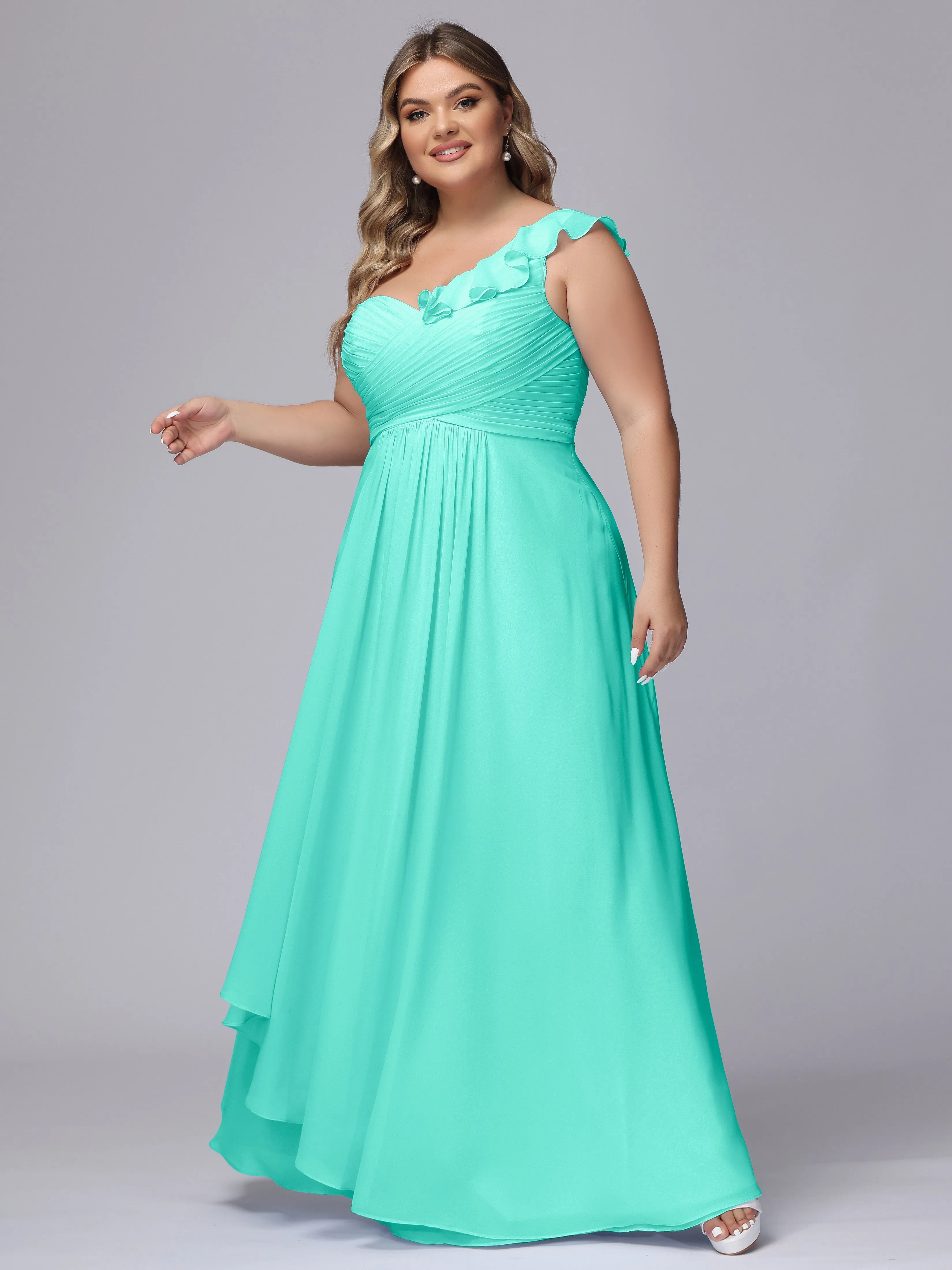 Flowy One-Shoulder Ruffles Chiffon Plus Size Bridesmaid Dresses