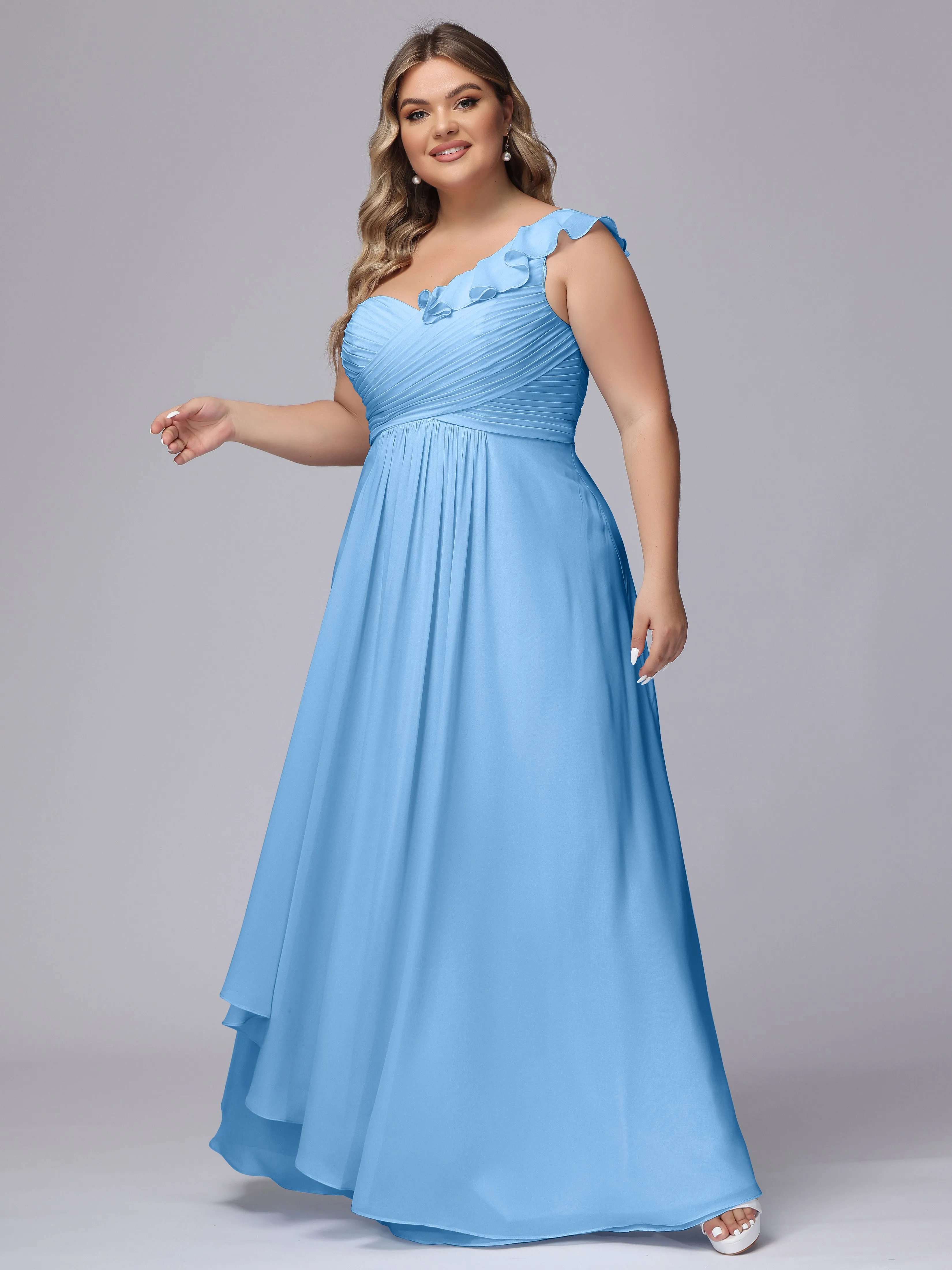 Flowy One-Shoulder Ruffles Chiffon Plus Size Bridesmaid Dresses