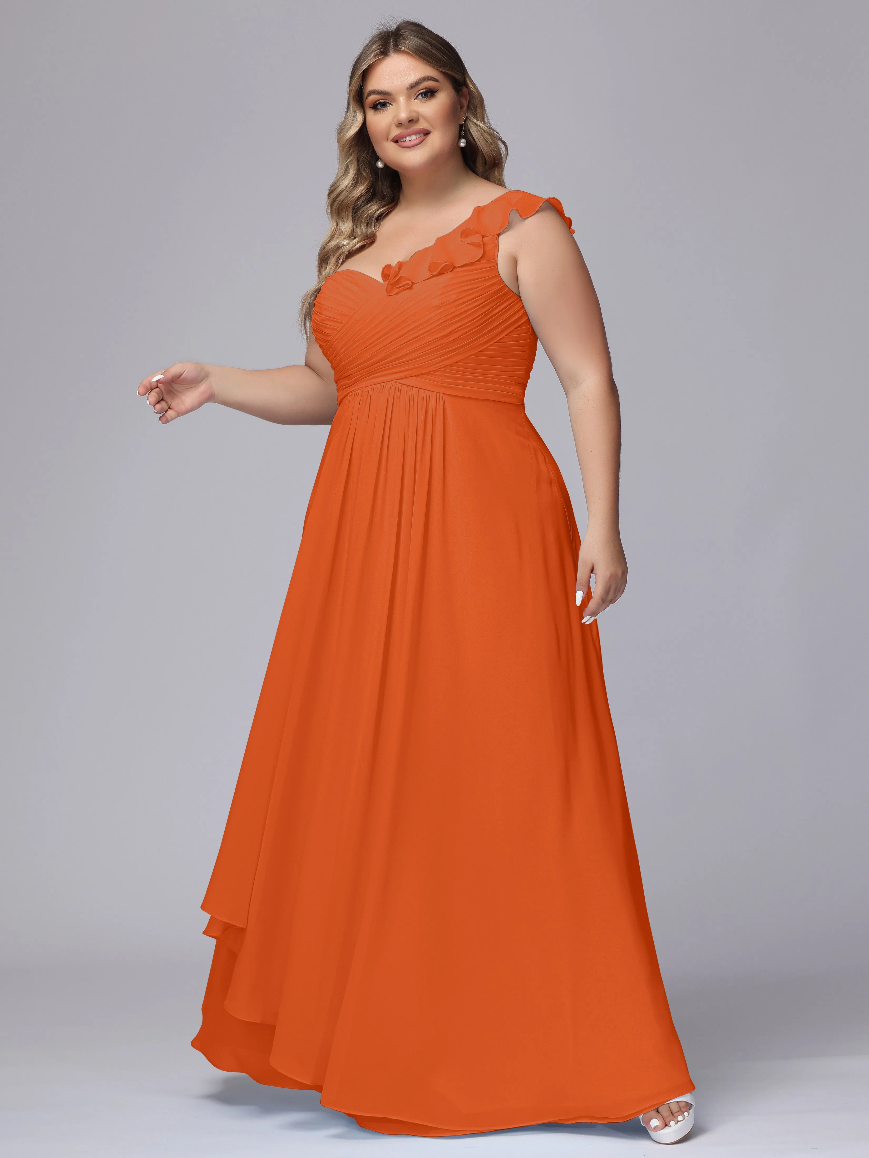 Flowy One-Shoulder Ruffles Chiffon Plus Size Bridesmaid Dresses