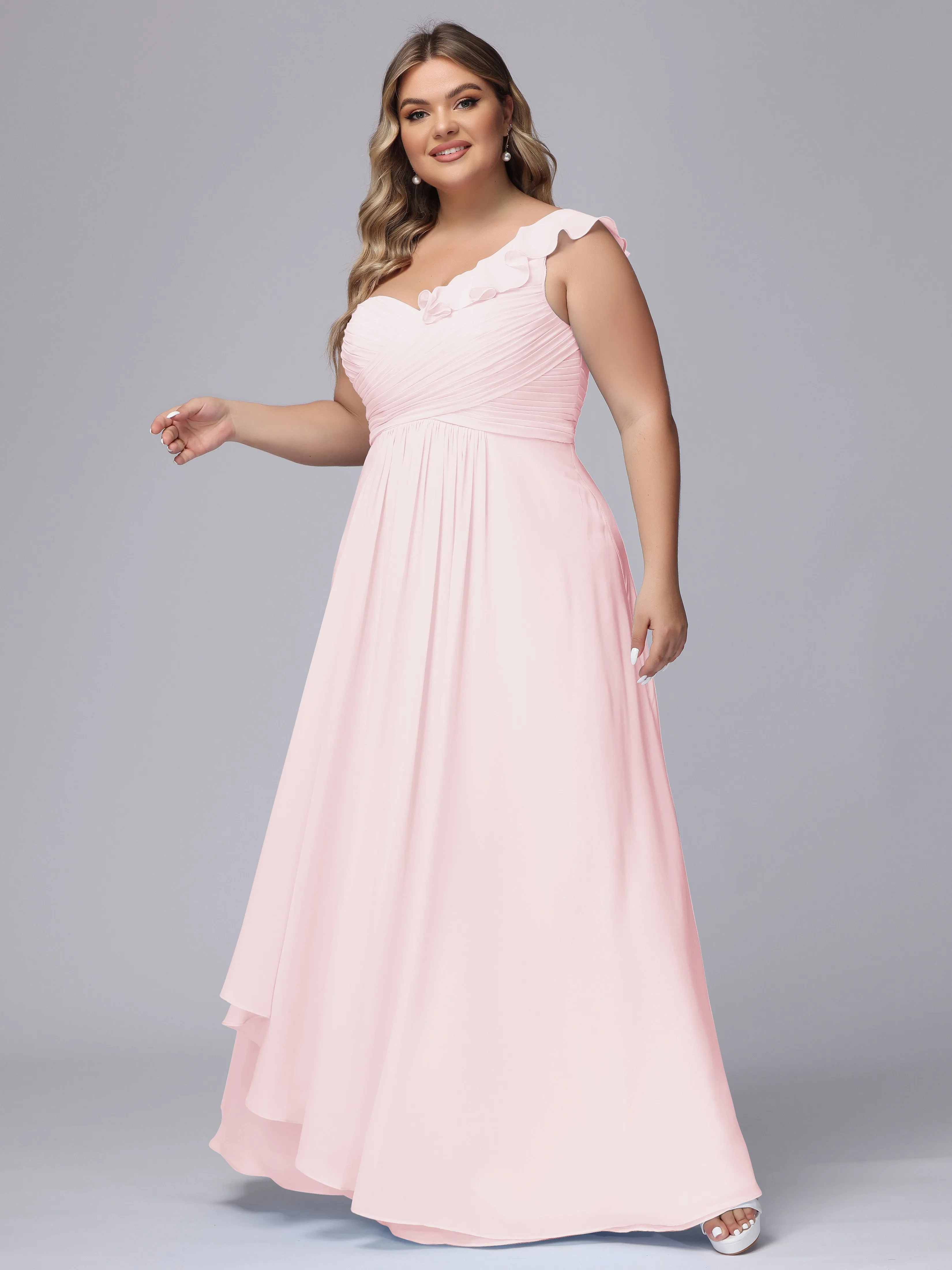 Flowy One-Shoulder Ruffles Chiffon Plus Size Bridesmaid Dresses