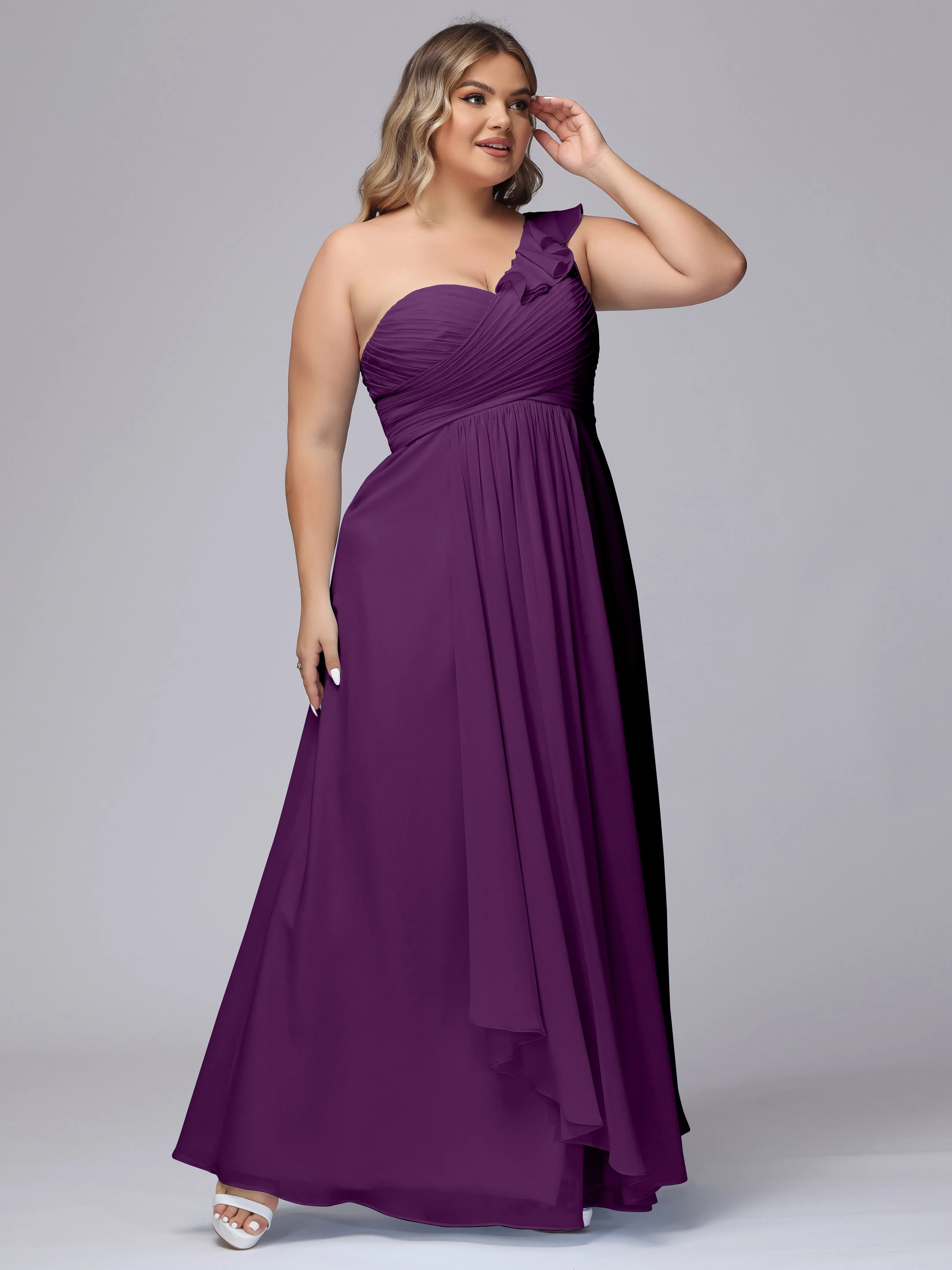 Flowy One-Shoulder Ruffles Chiffon Plus Size Bridesmaid Dresses