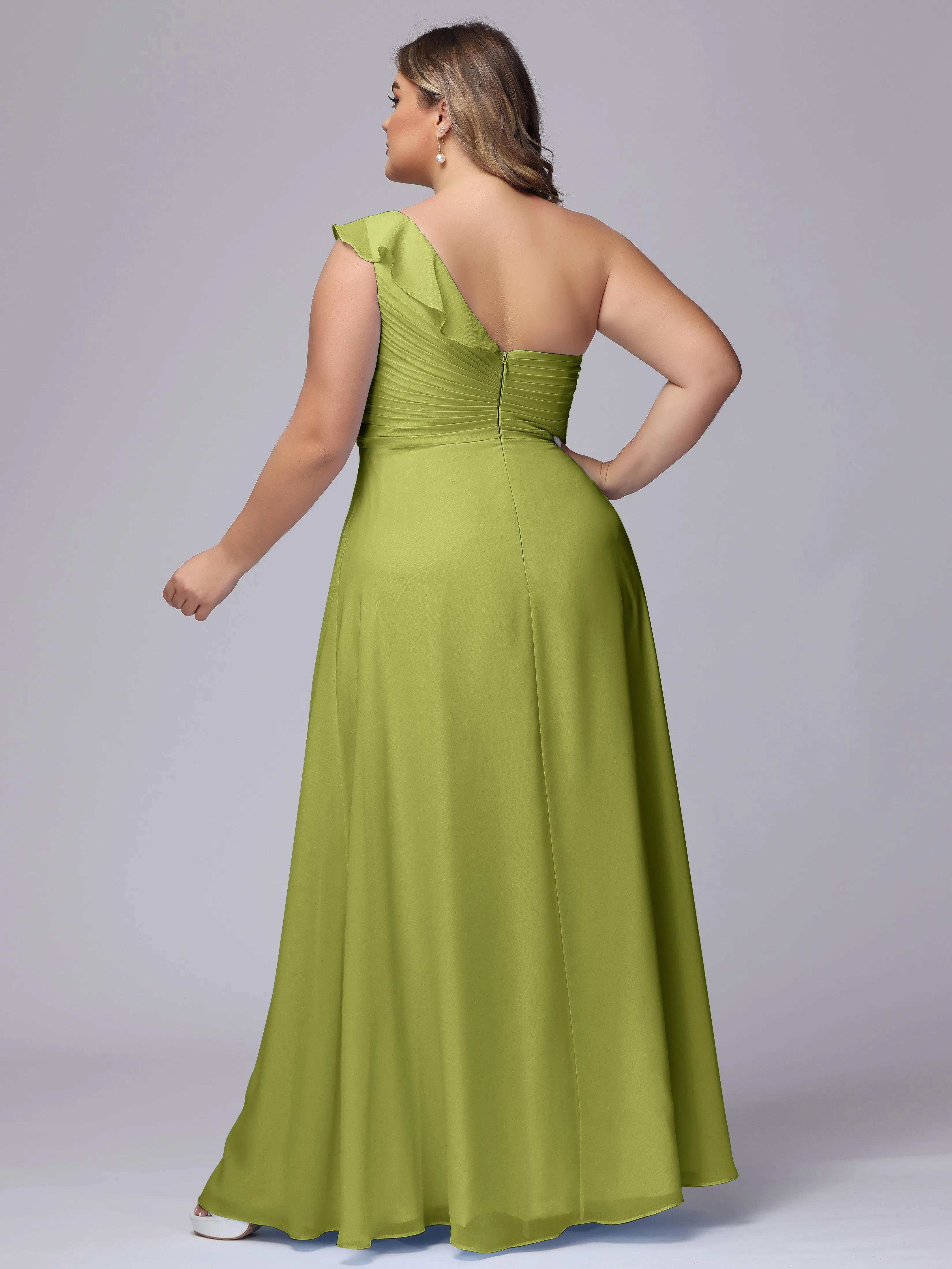 Flowy One-Shoulder Ruffles Chiffon Plus Size Bridesmaid Dresses