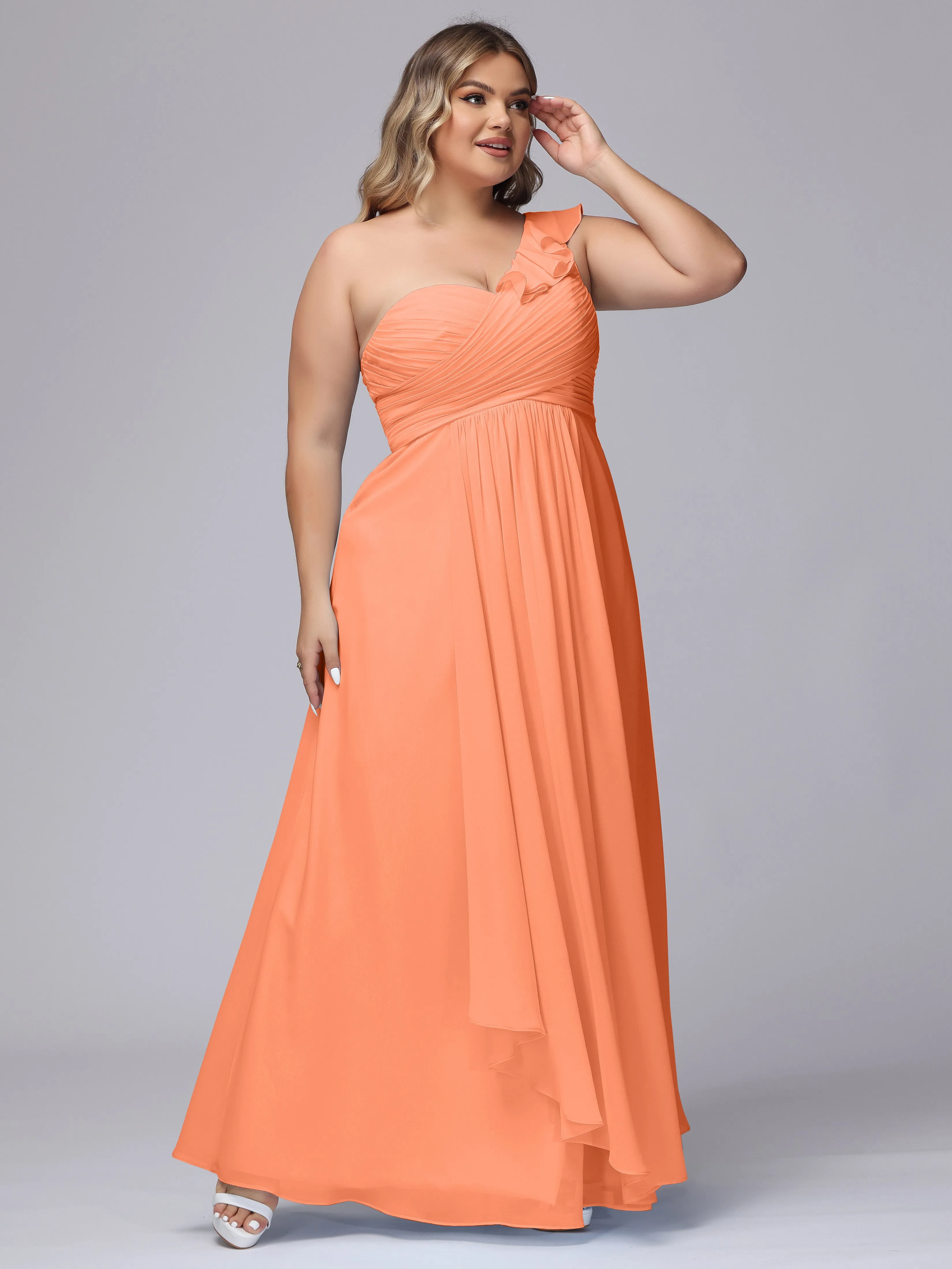 Flowy One-Shoulder Ruffles Chiffon Plus Size Bridesmaid Dresses