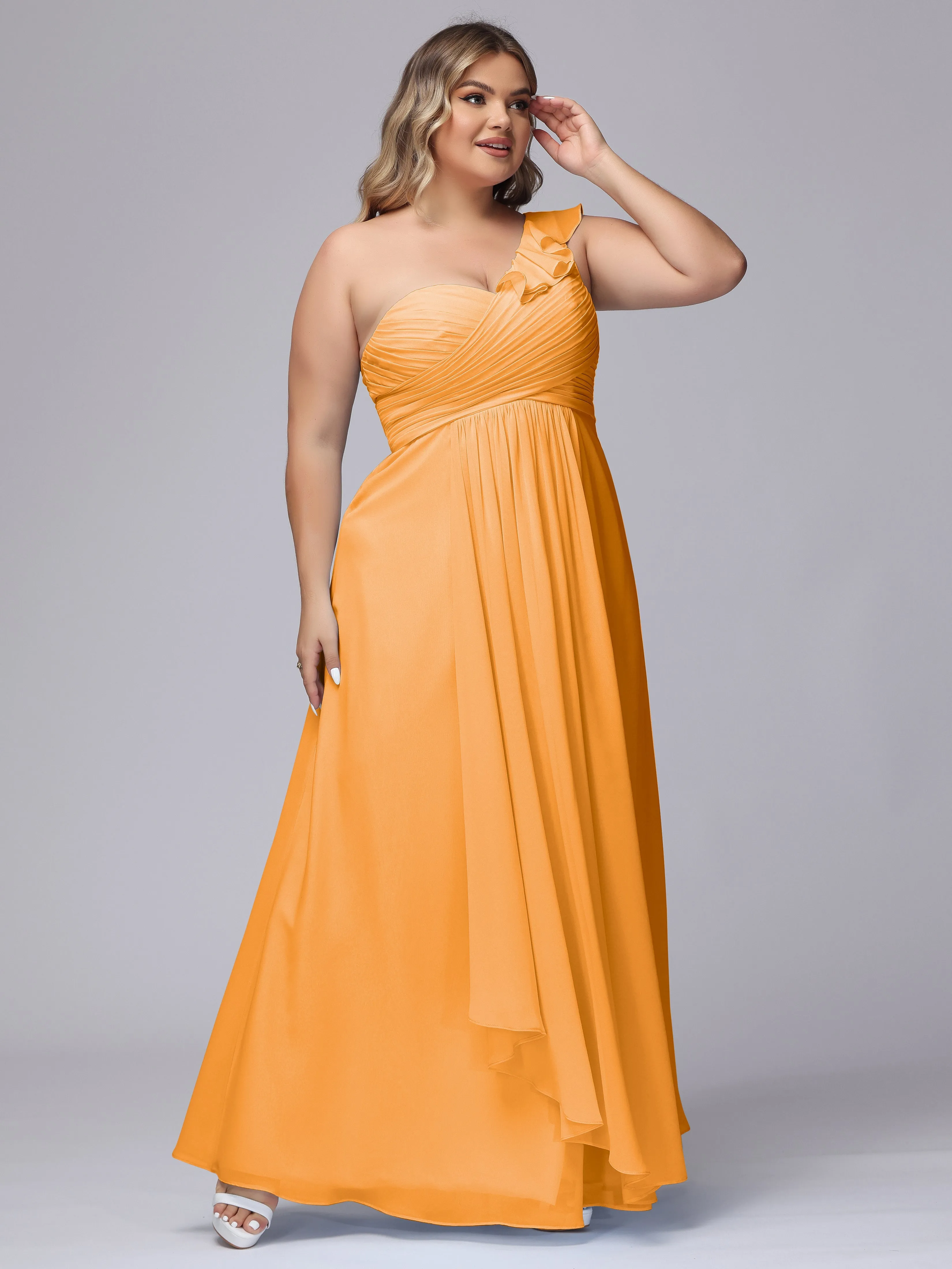 Flowy One-Shoulder Ruffles Chiffon Plus Size Bridesmaid Dresses