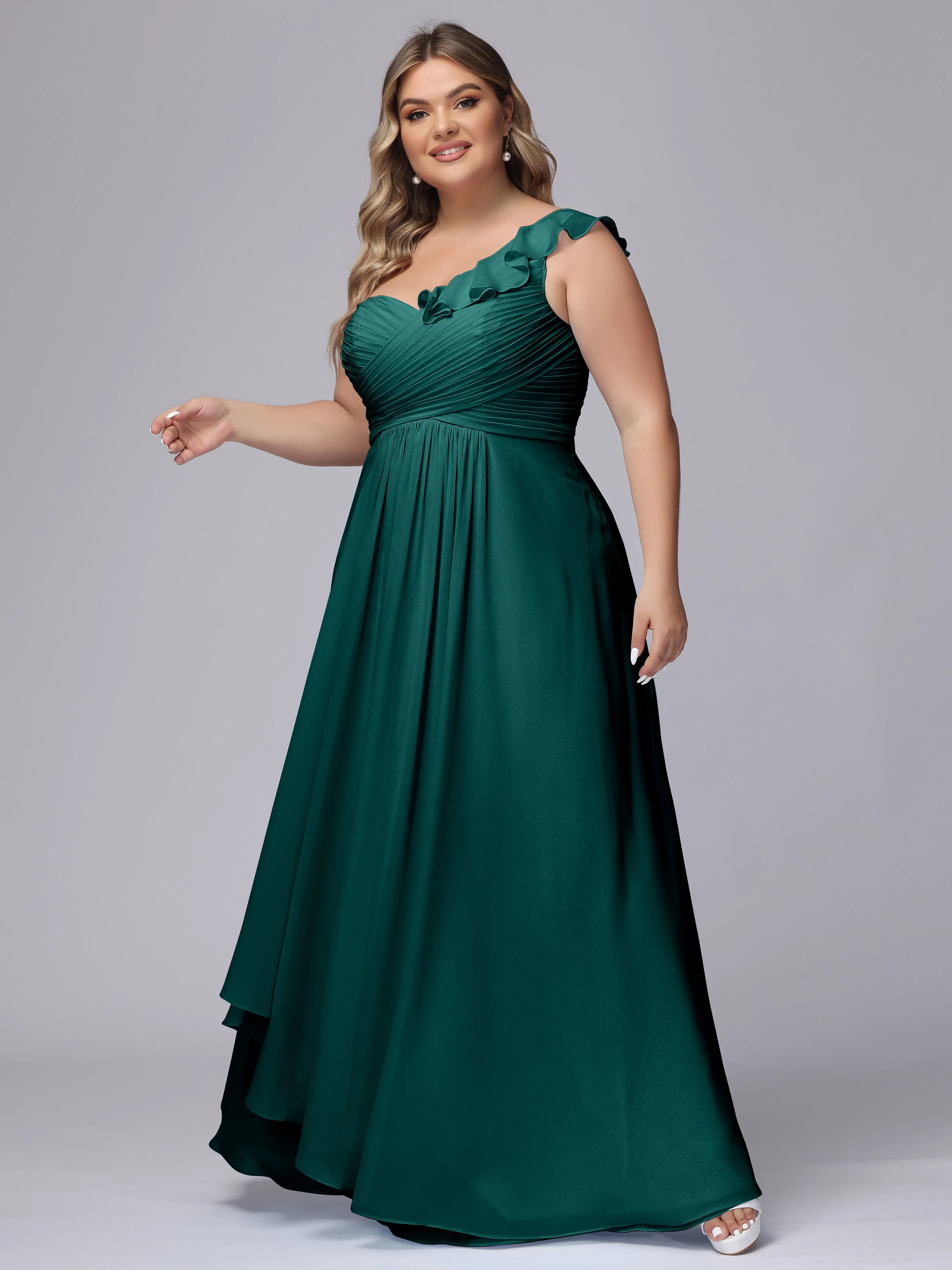 Flowy One-Shoulder Ruffles Chiffon Plus Size Bridesmaid Dresses