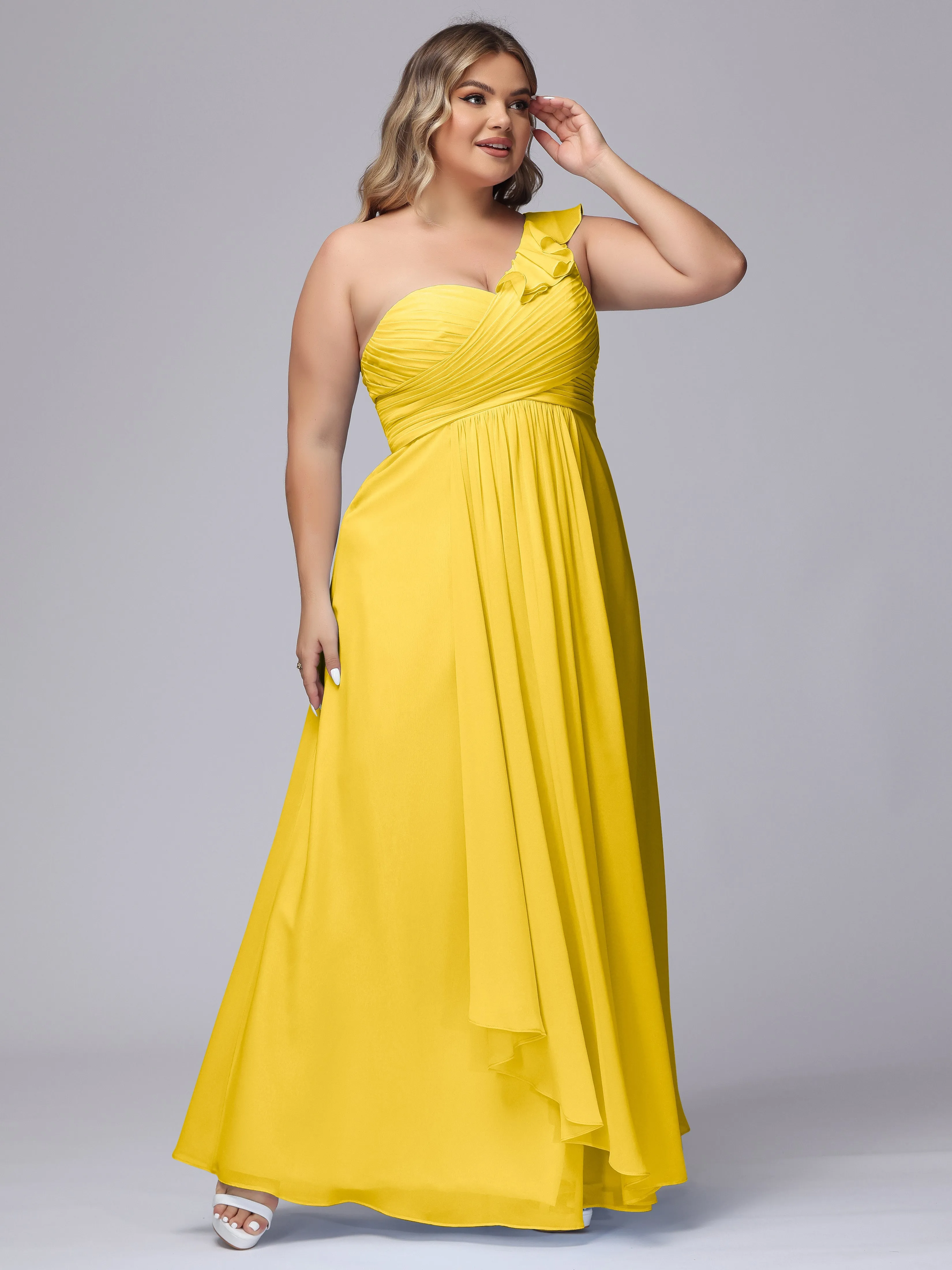 Flowy One-Shoulder Ruffles Chiffon Plus Size Bridesmaid Dresses