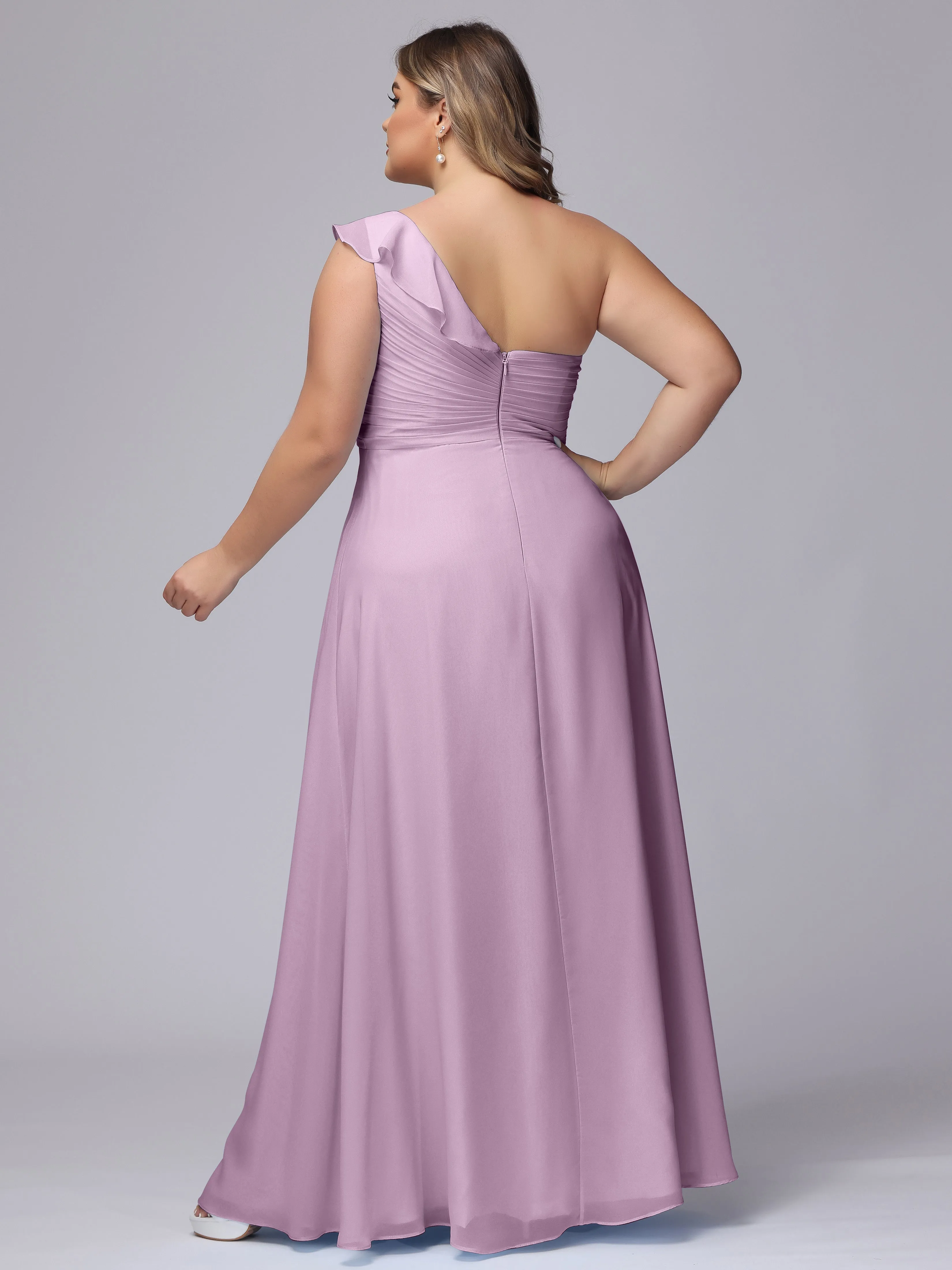 Flowy One-Shoulder Ruffles Chiffon Plus Size Bridesmaid Dresses