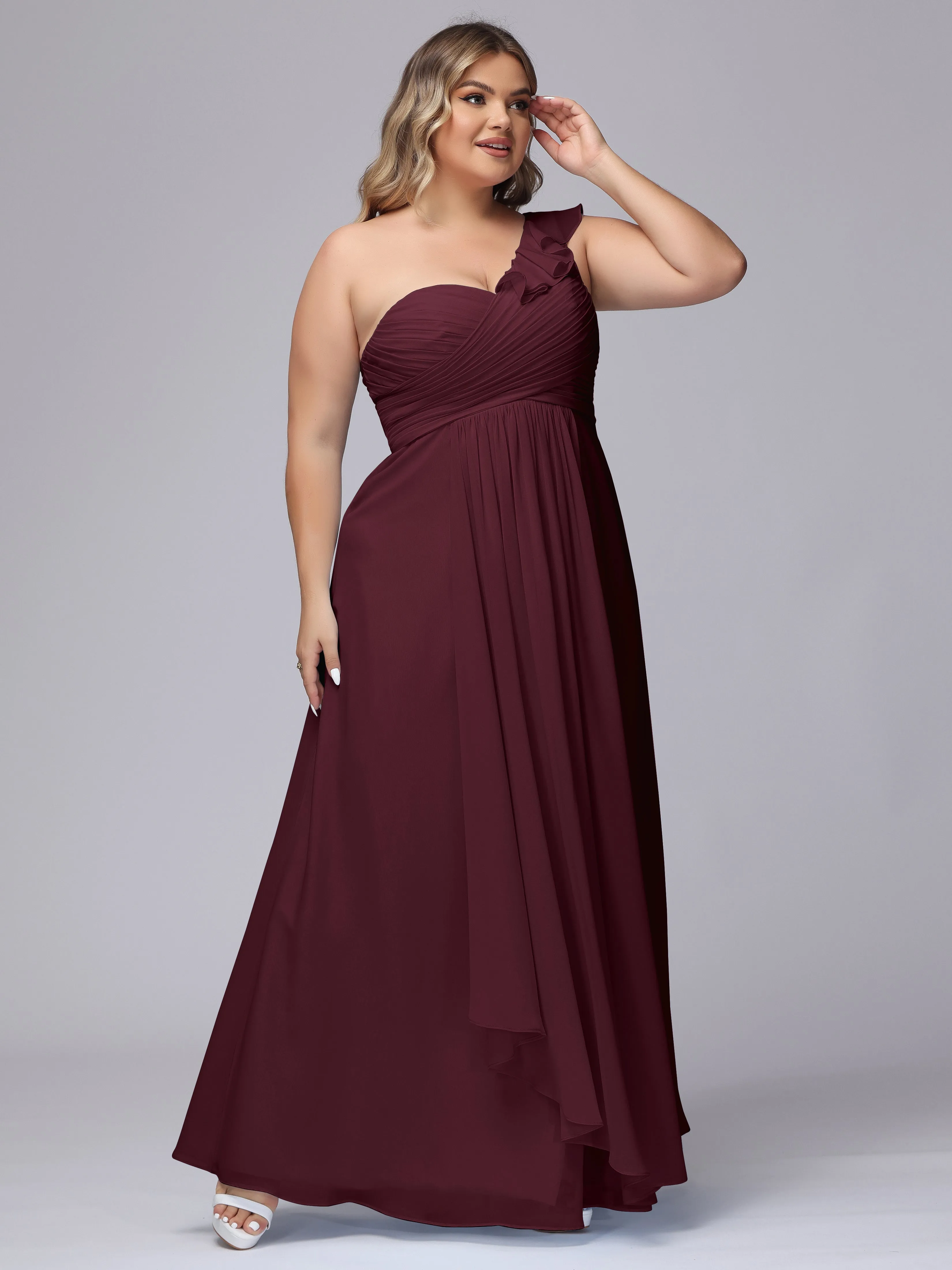 Flowy One-Shoulder Ruffles Chiffon Plus Size Bridesmaid Dresses