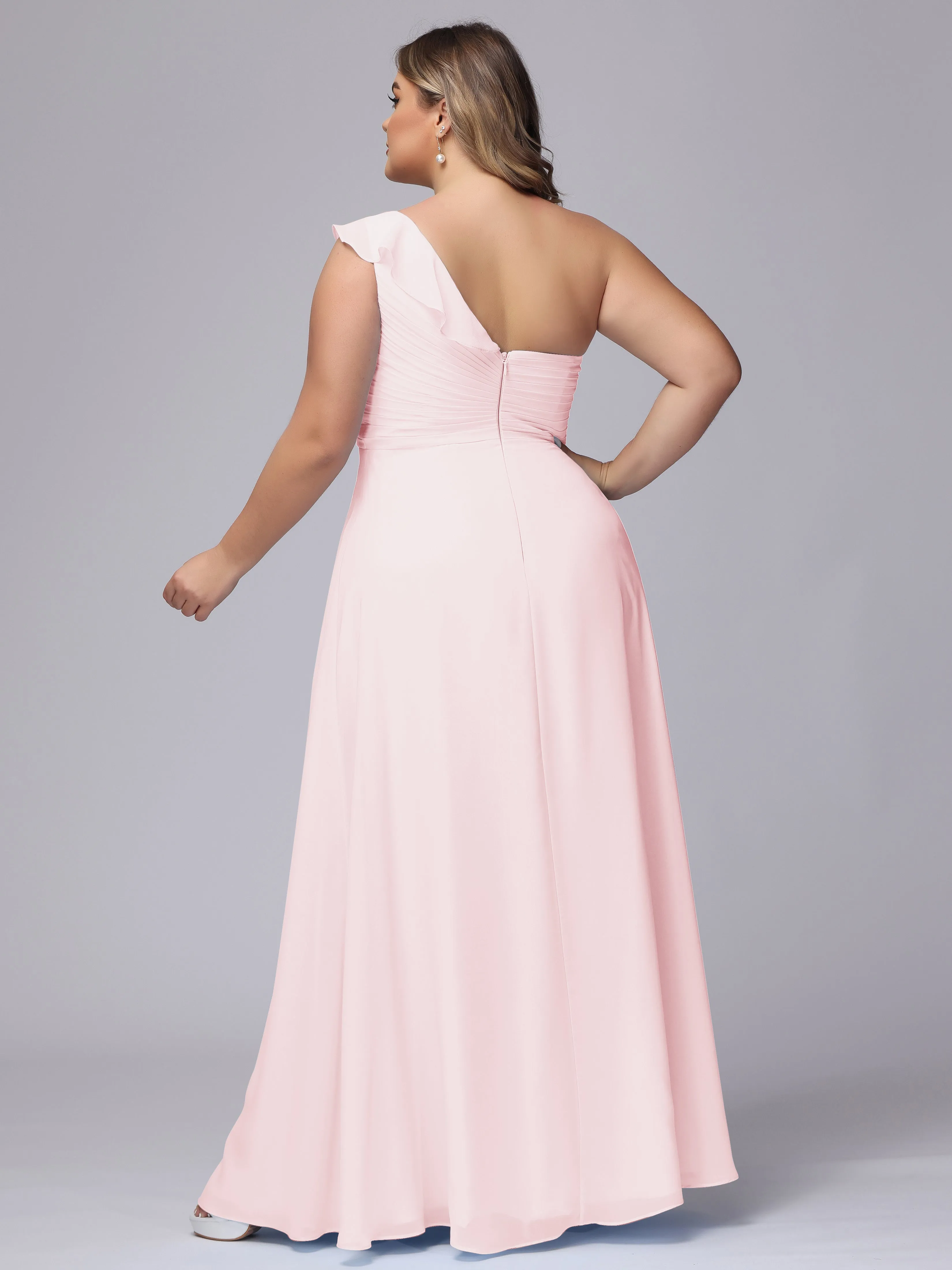 Flowy One-Shoulder Ruffles Chiffon Plus Size Bridesmaid Dresses