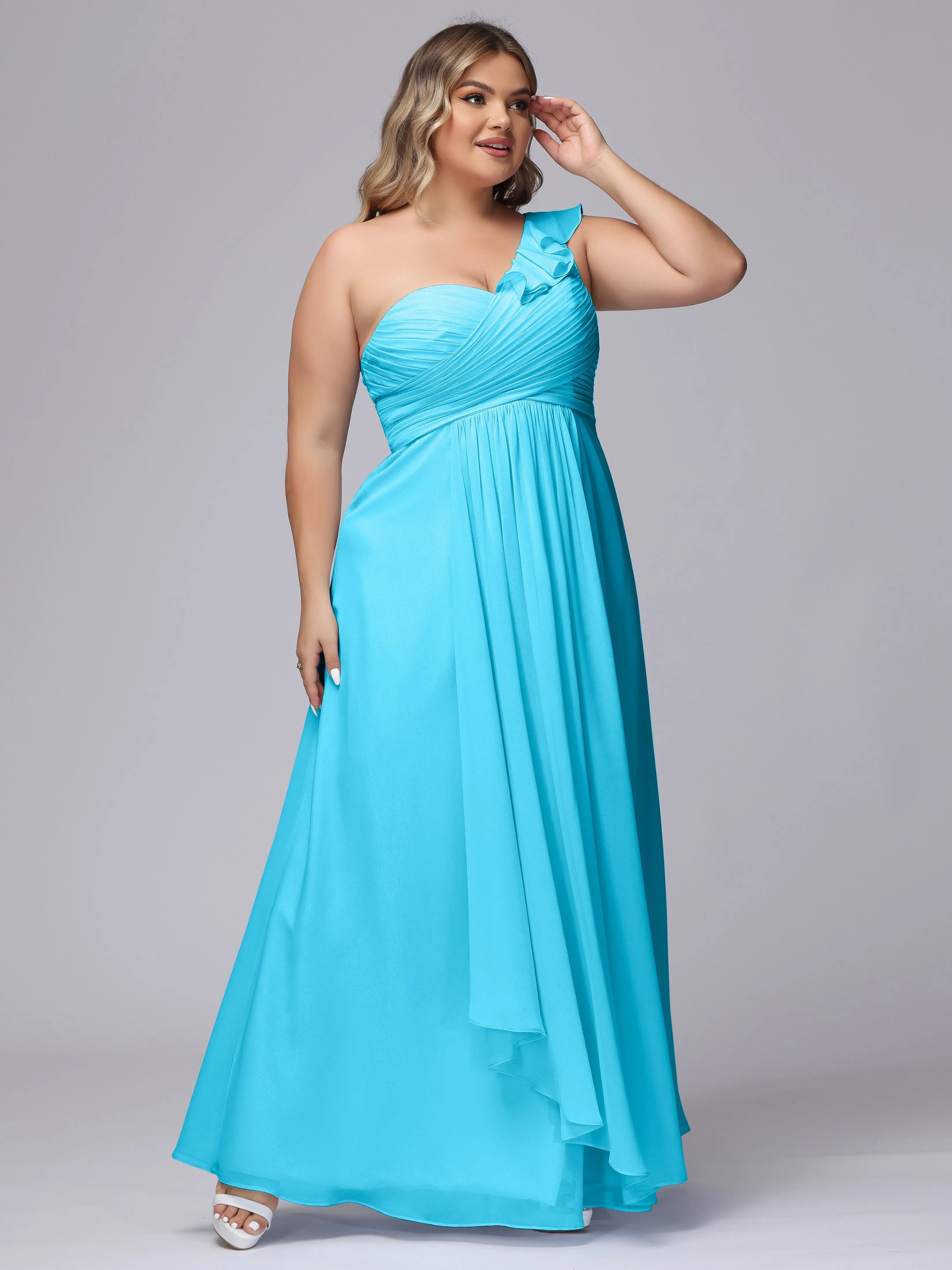 Flowy One-Shoulder Ruffles Chiffon Plus Size Bridesmaid Dresses