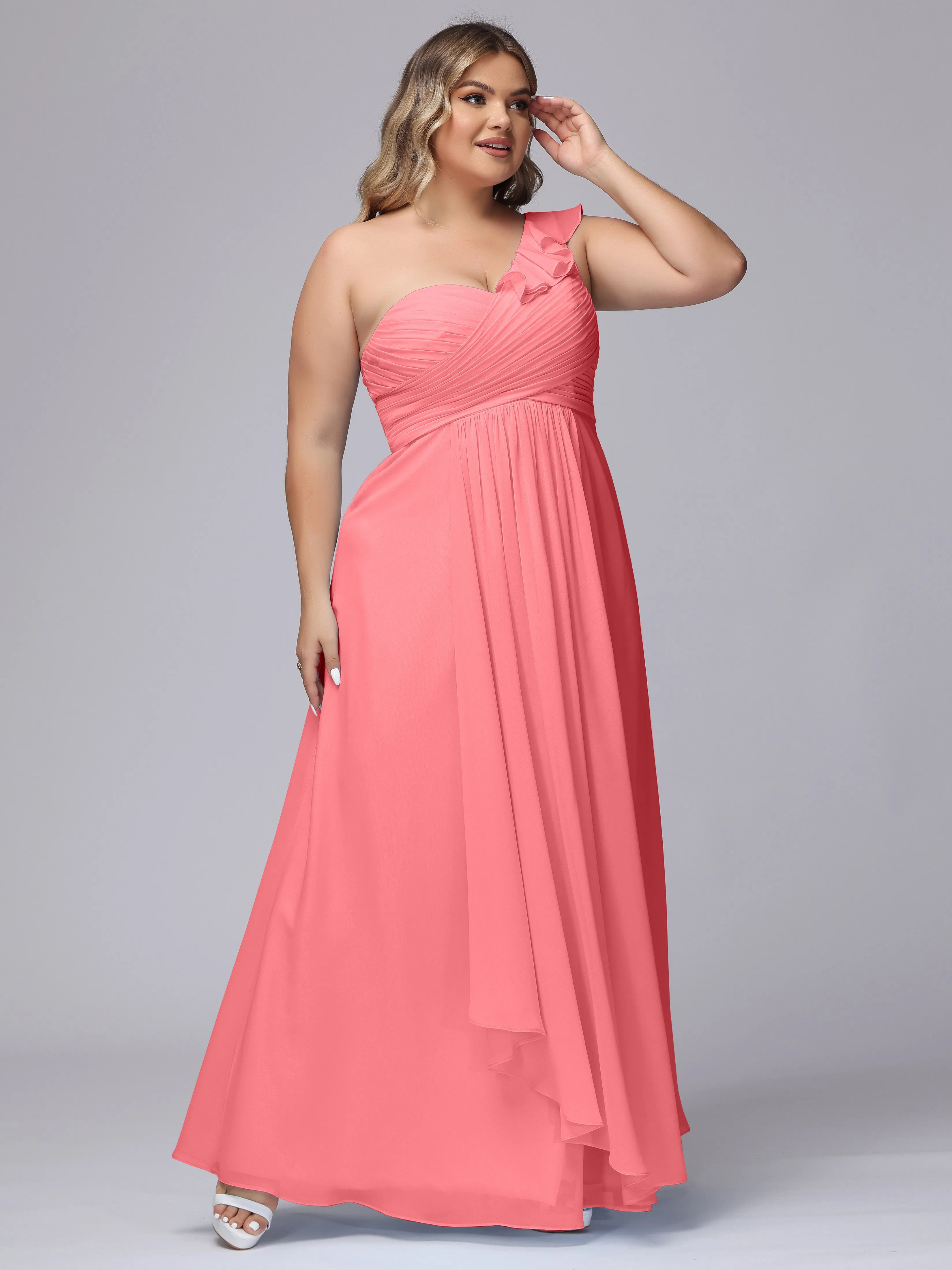 Flowy One-Shoulder Ruffles Chiffon Plus Size Bridesmaid Dresses