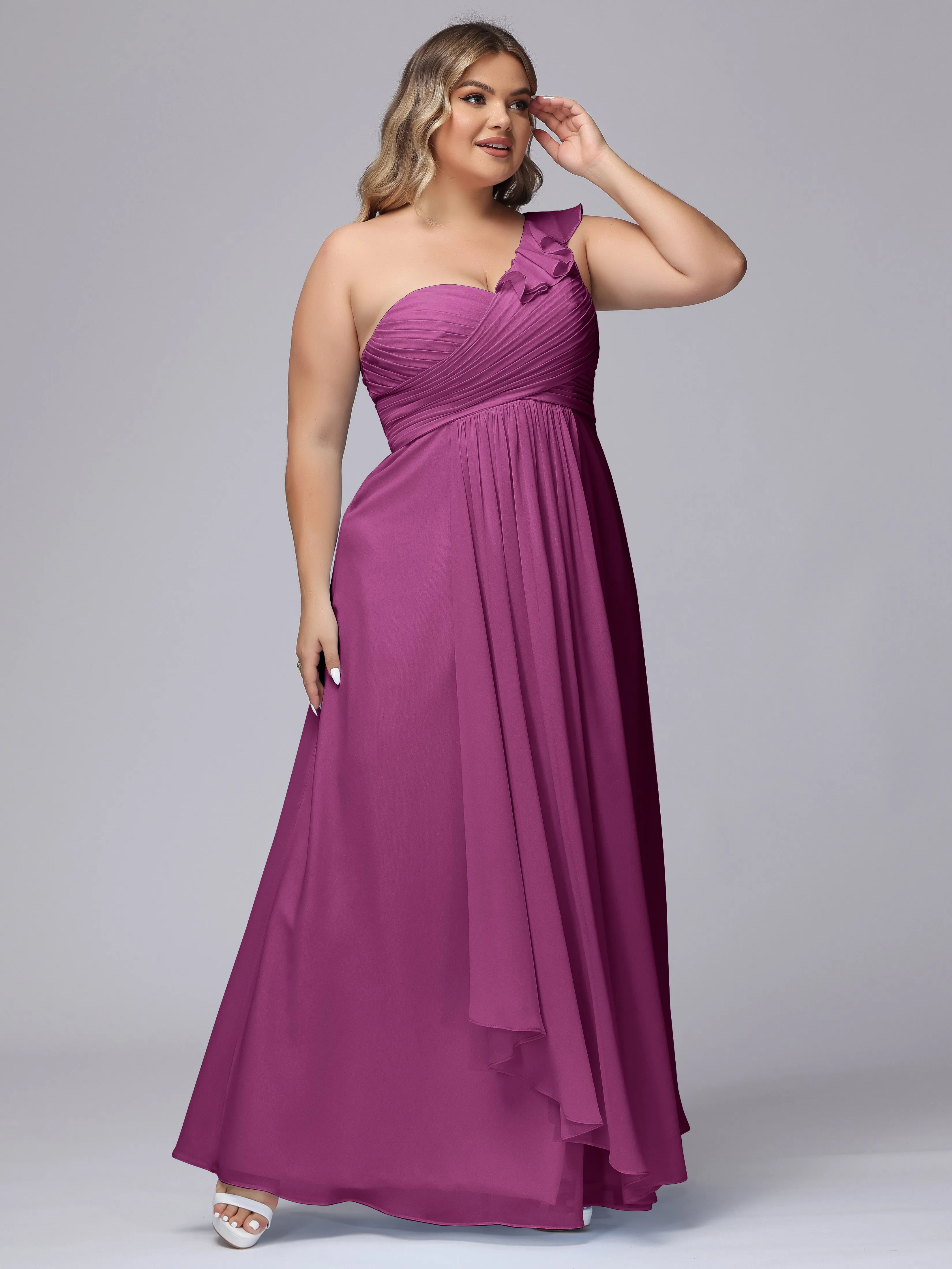 Flowy One-Shoulder Ruffles Chiffon Plus Size Bridesmaid Dresses