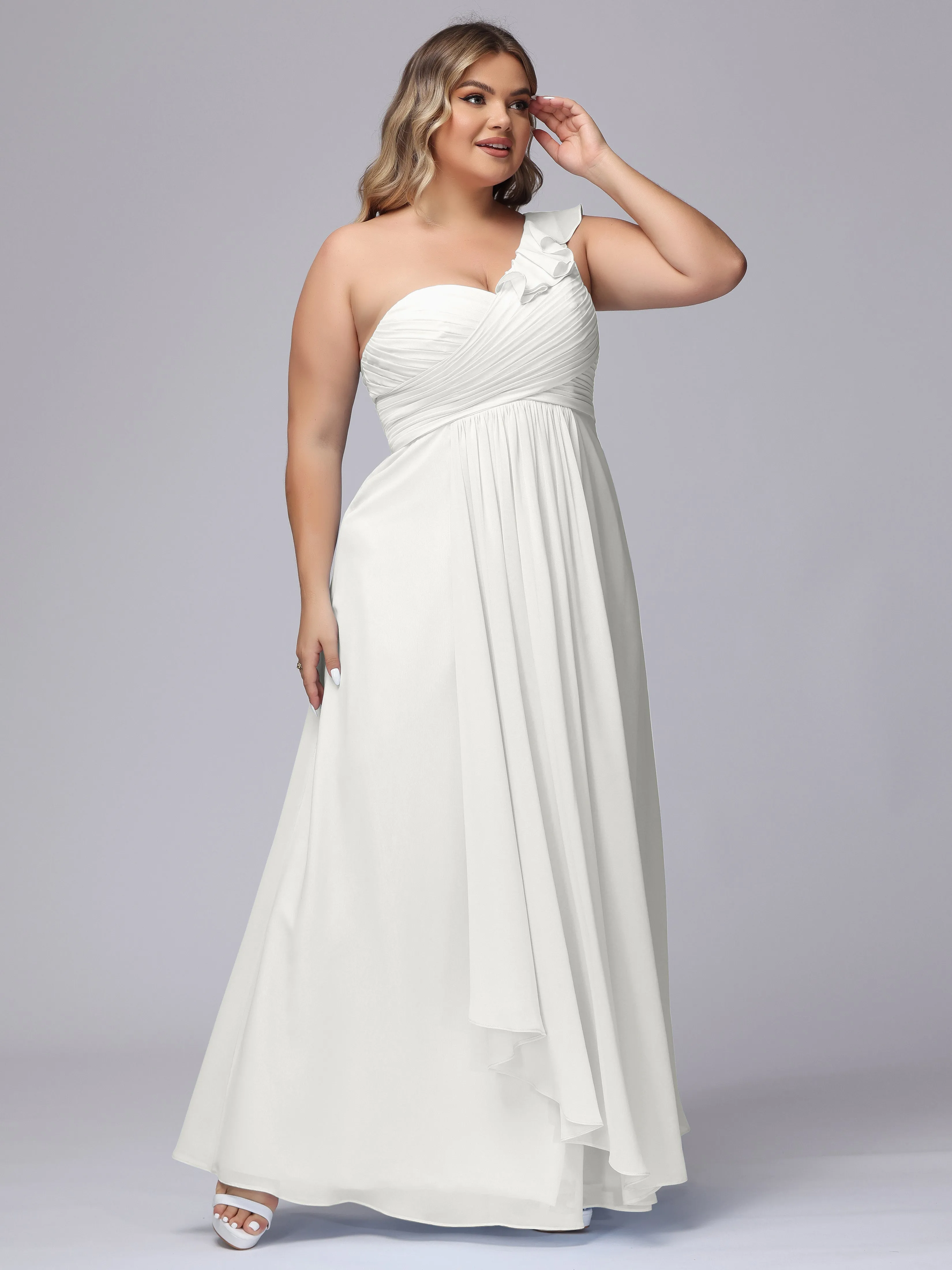 Flowy One-Shoulder Ruffles Chiffon Plus Size Bridesmaid Dresses