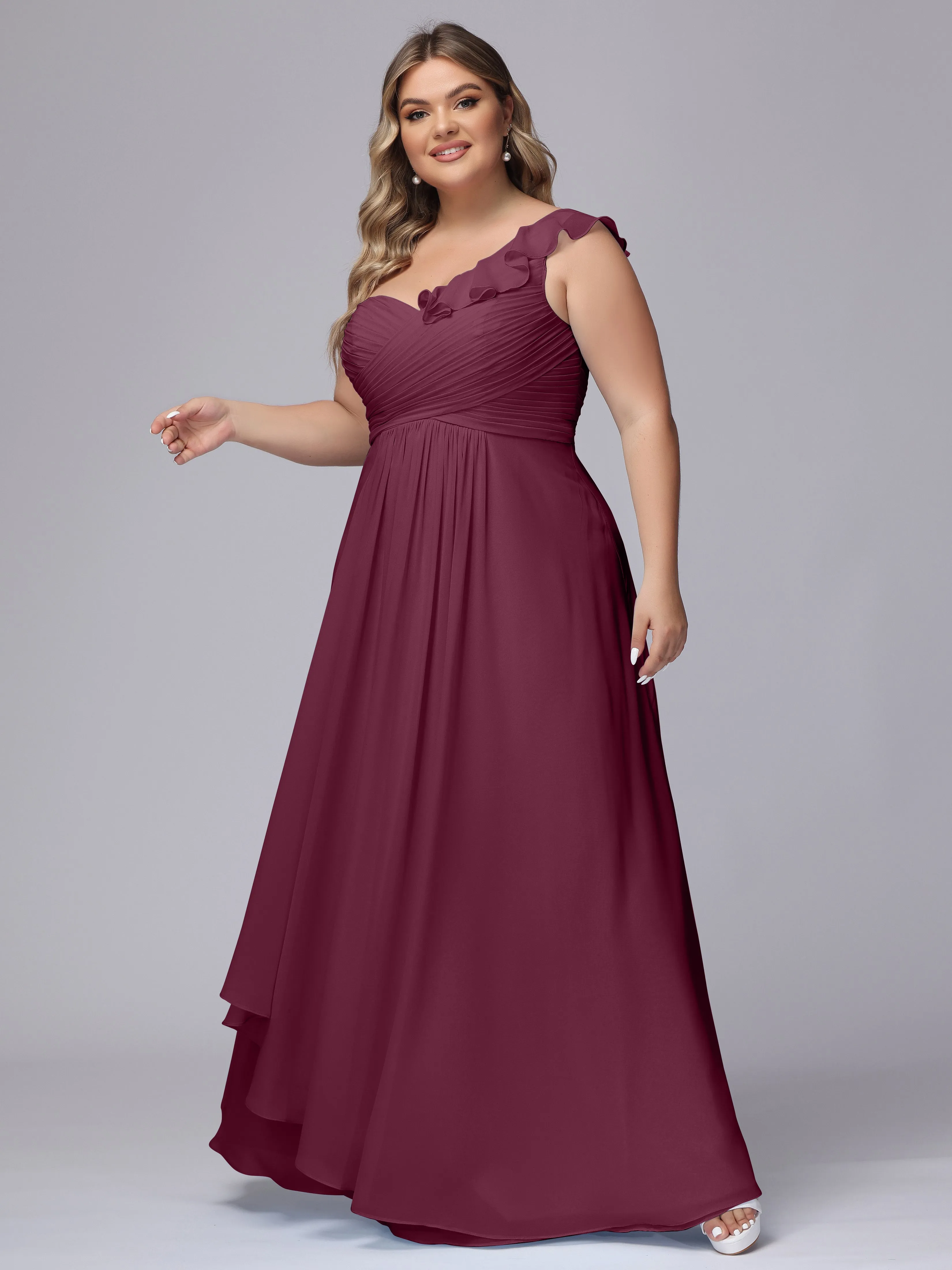 Flowy One-Shoulder Ruffles Chiffon Plus Size Bridesmaid Dresses