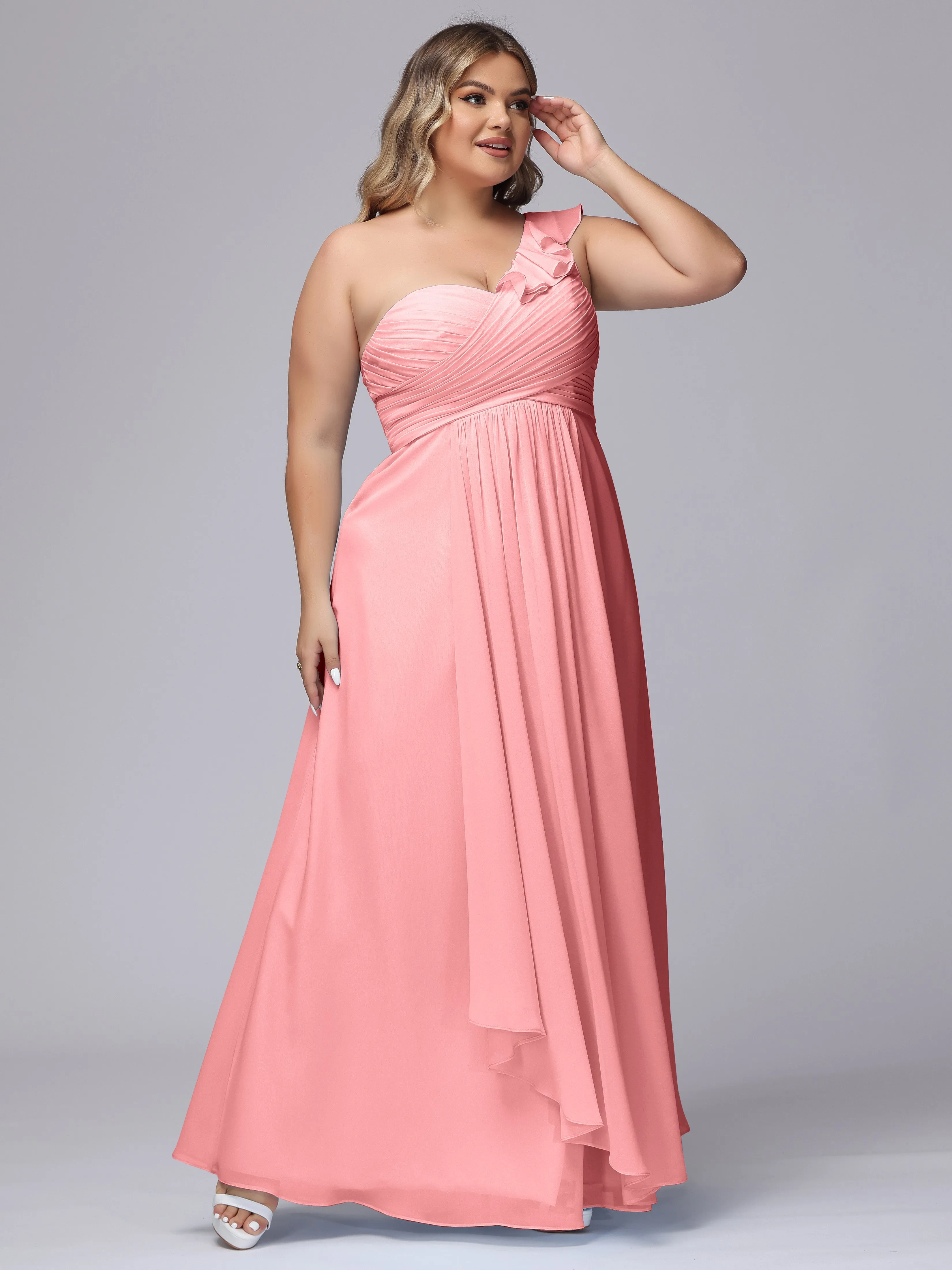 Flowy One-Shoulder Ruffles Chiffon Plus Size Bridesmaid Dresses