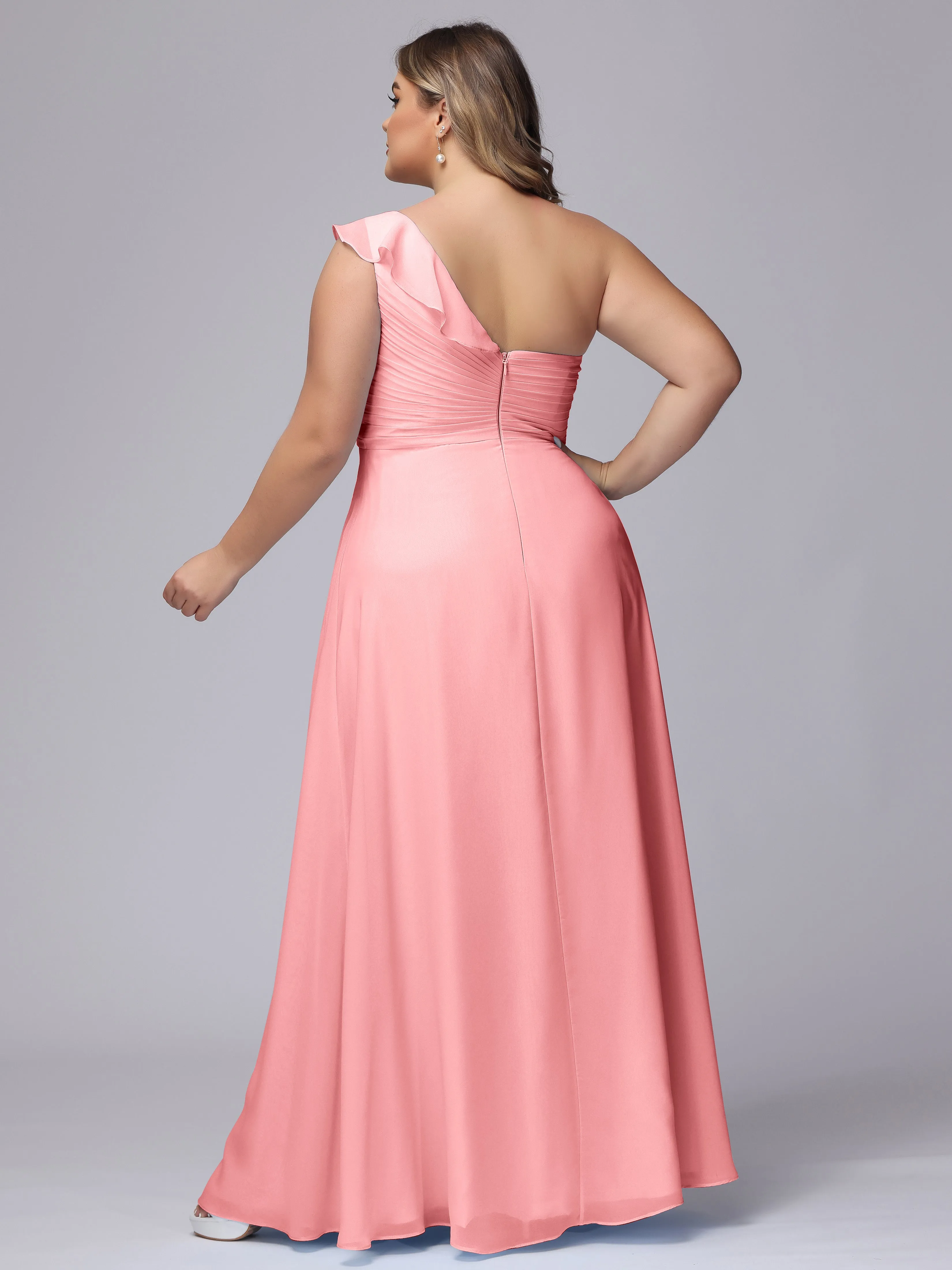 Flowy One-Shoulder Ruffles Chiffon Plus Size Bridesmaid Dresses