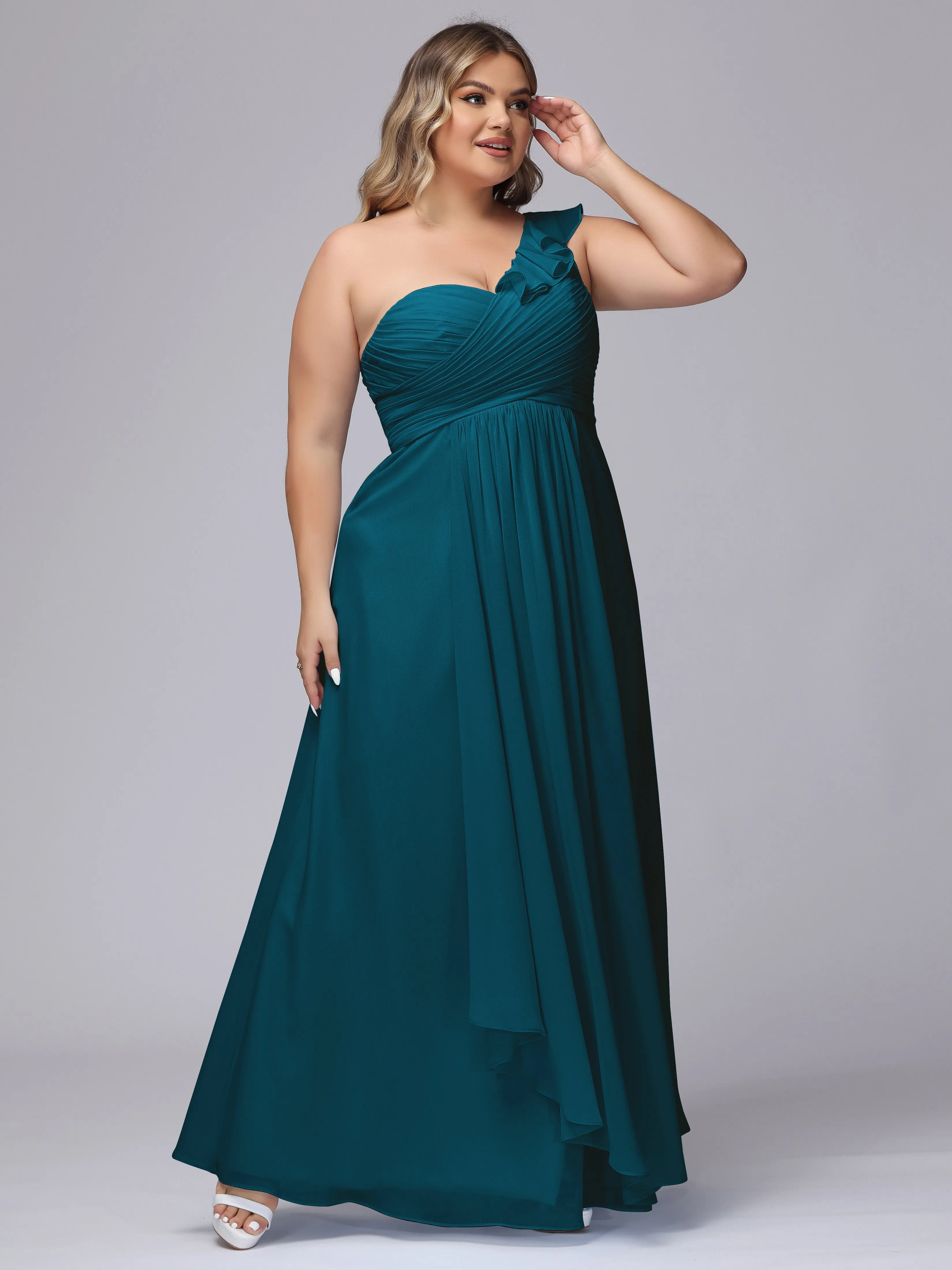 Flowy One-Shoulder Ruffles Chiffon Plus Size Bridesmaid Dresses