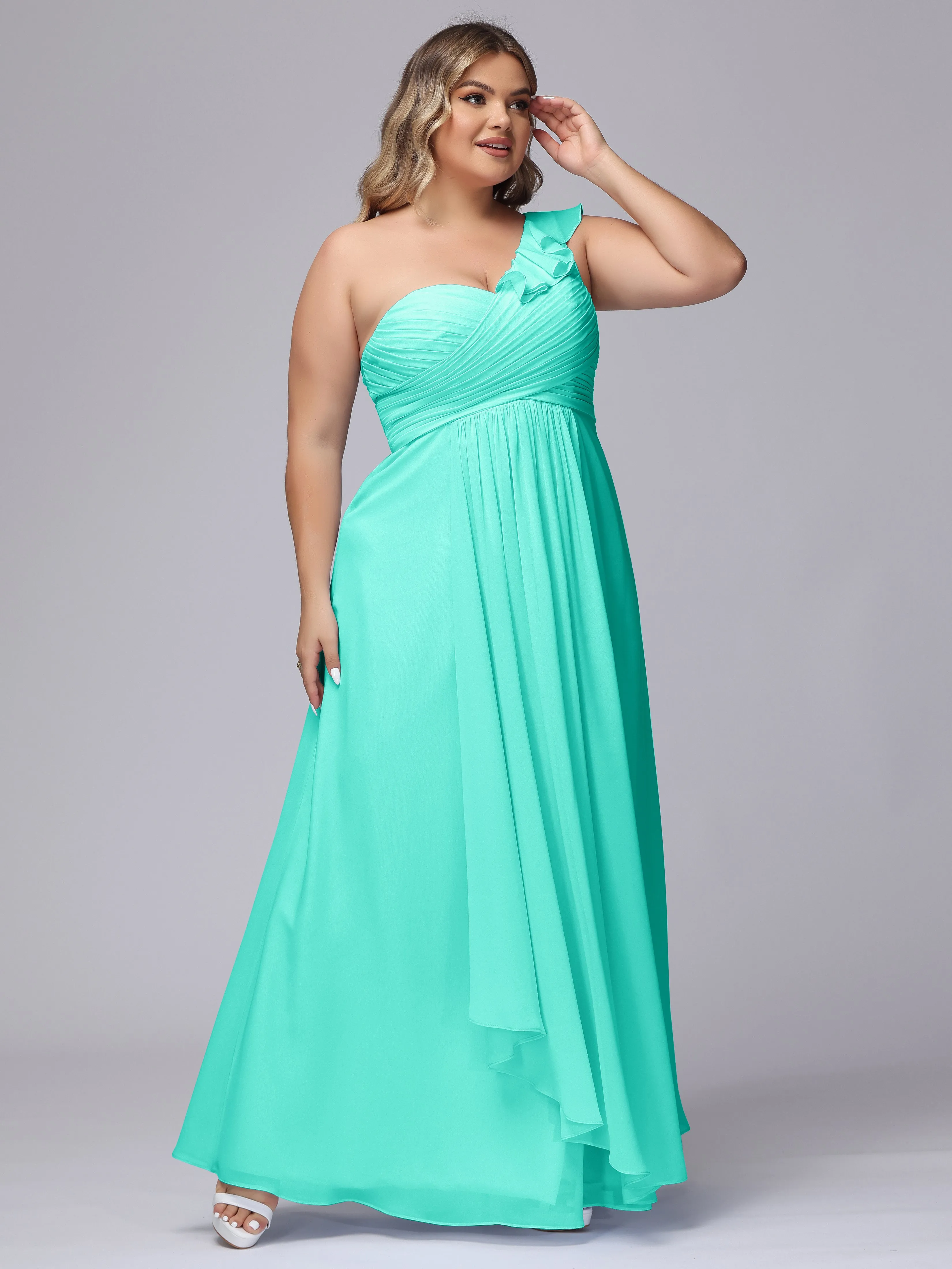 Flowy One-Shoulder Ruffles Chiffon Plus Size Bridesmaid Dresses