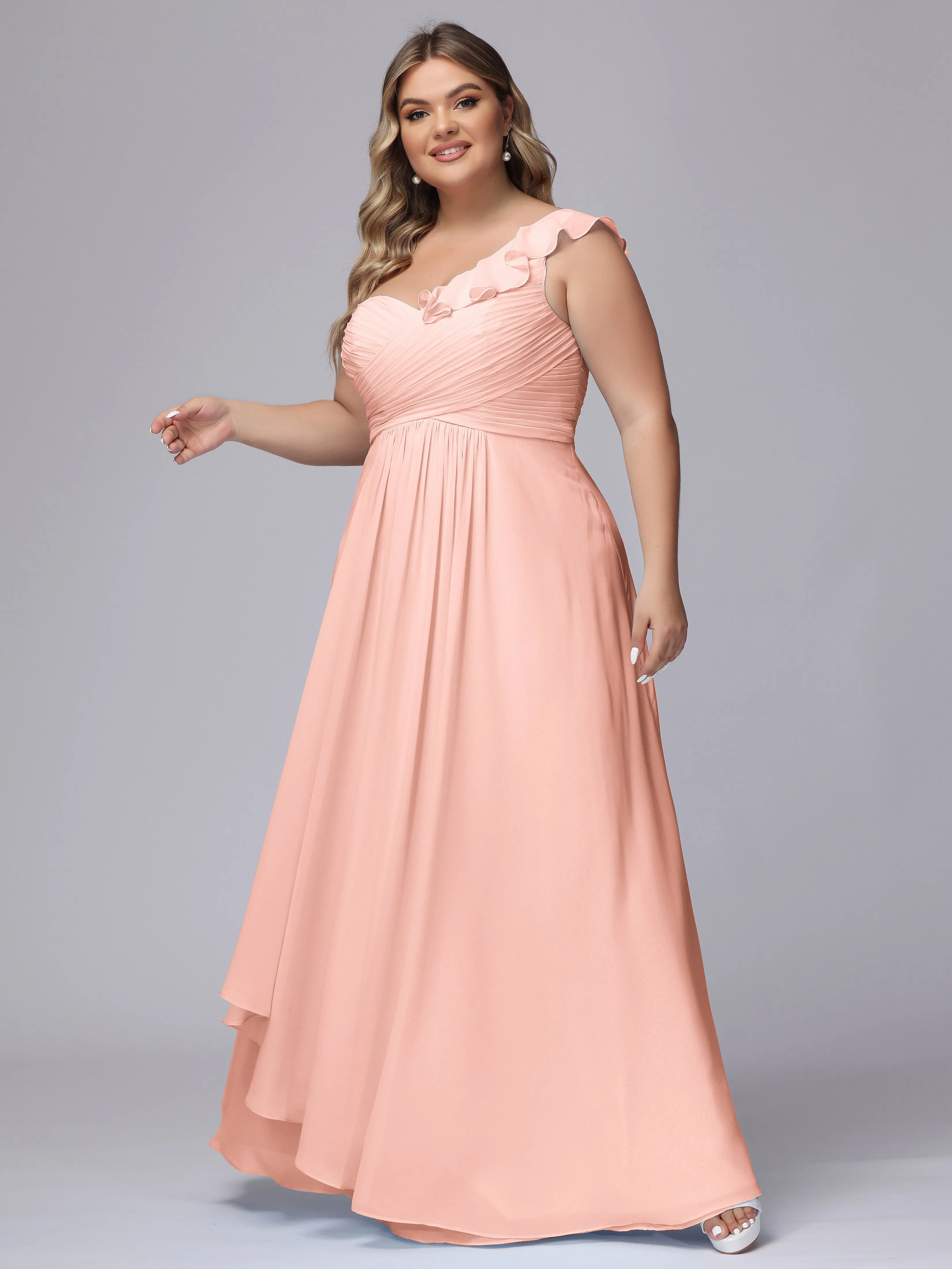 Flowy One-Shoulder Ruffles Chiffon Plus Size Bridesmaid Dresses