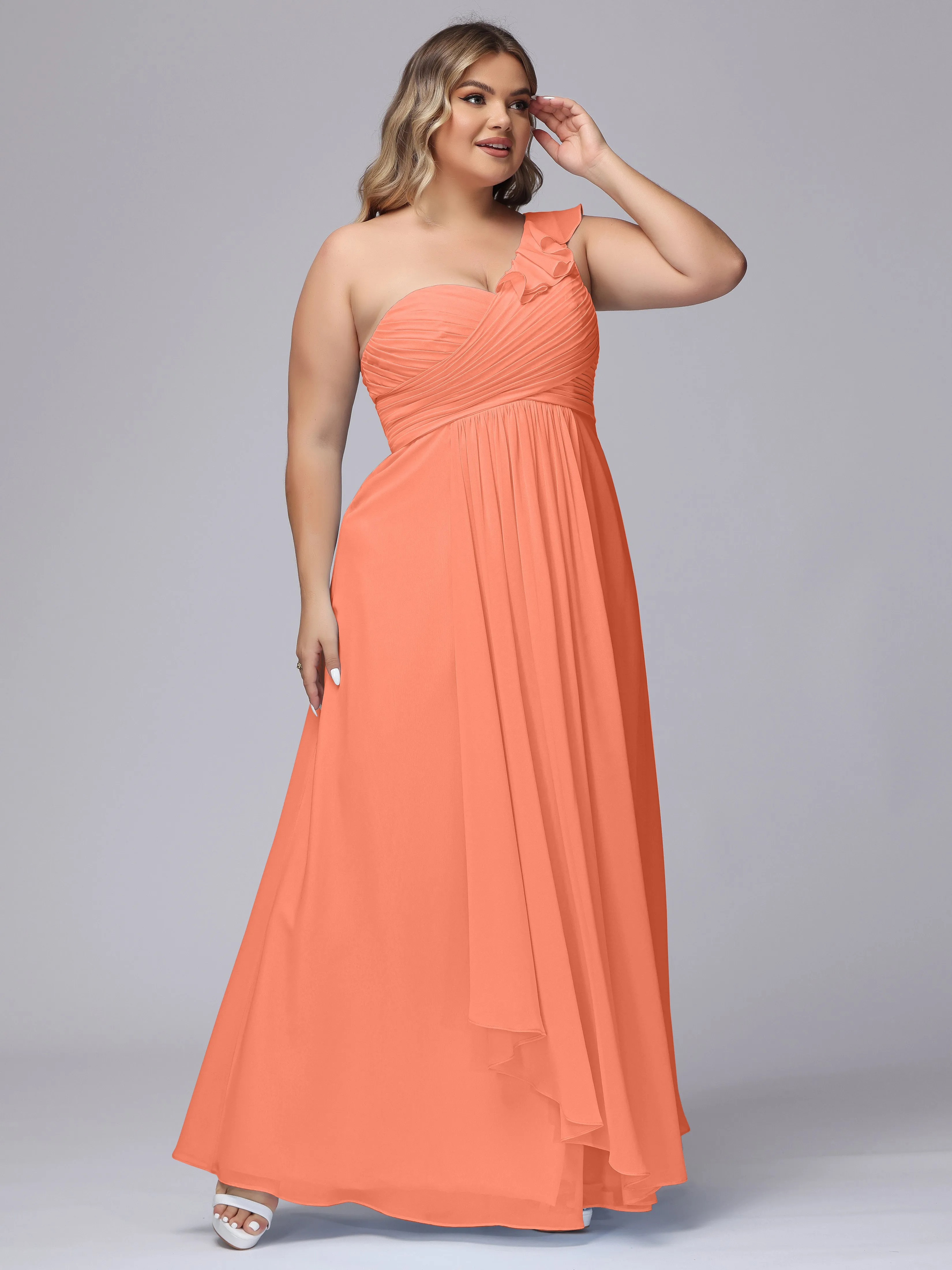 Flowy One-Shoulder Ruffles Chiffon Plus Size Bridesmaid Dresses