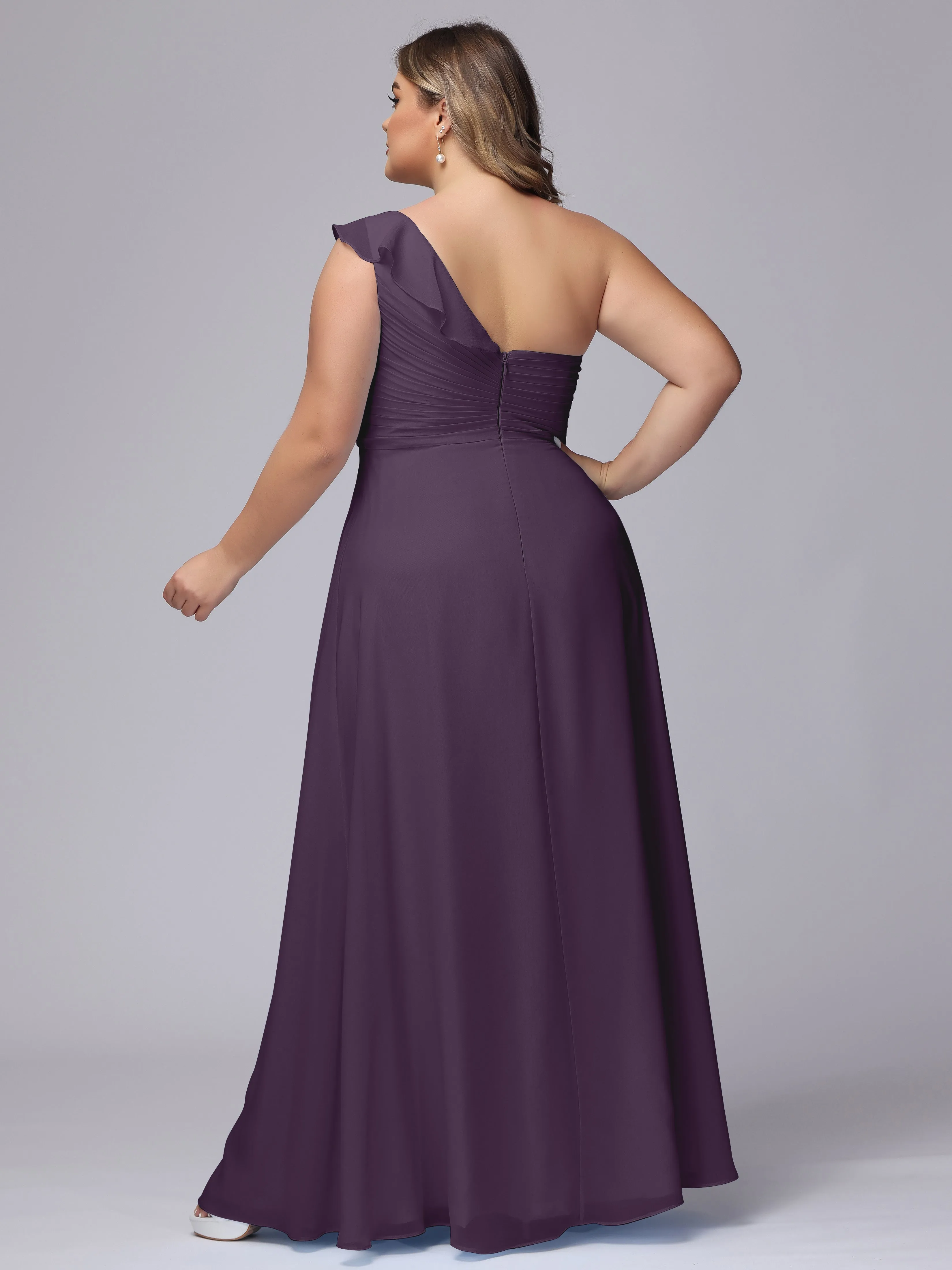 Flowy One-Shoulder Ruffles Chiffon Plus Size Bridesmaid Dresses